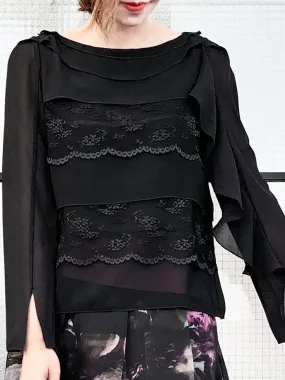 Last Chance! Black Lace Trims Tiered Ruffle Asymmetrical Sleeves Chiffon Silk Blouse