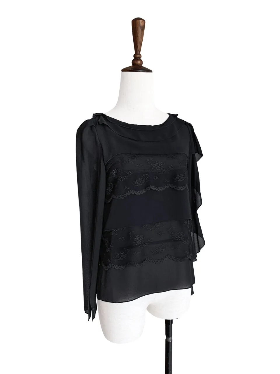 Last Chance! Black Lace Trims Tiered Ruffle Asymmetrical Sleeves Chiffon Silk Blouse