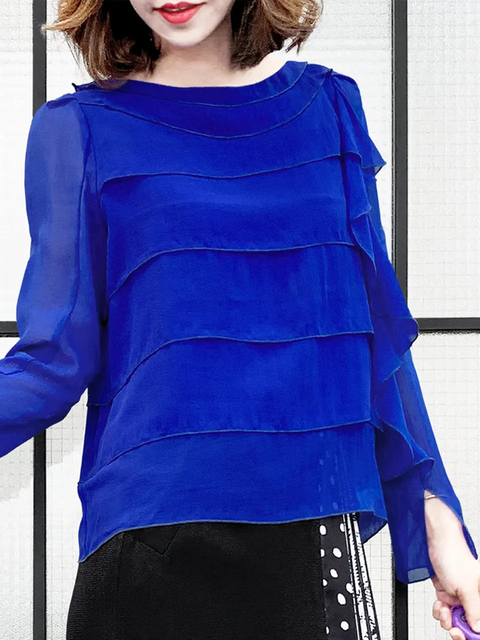 Last Chance! Electric Blue Tiered Ruffle Asymmetrical Sleeves Chiffon Silk Blouse