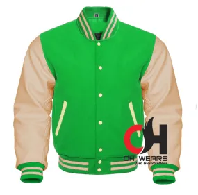 Light Green Wool and Genuine Cream Leather Sleeves Varsity Jacket