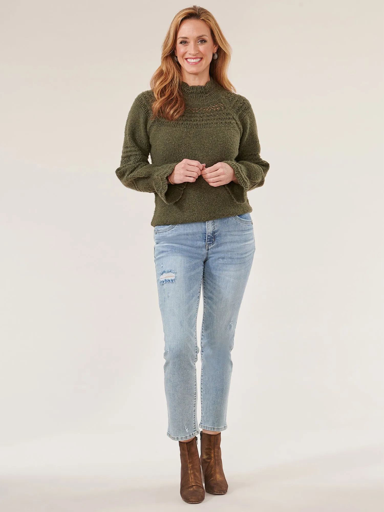 Long Blouson Flounce Sleeve Scallop Edge High Neck Sweater