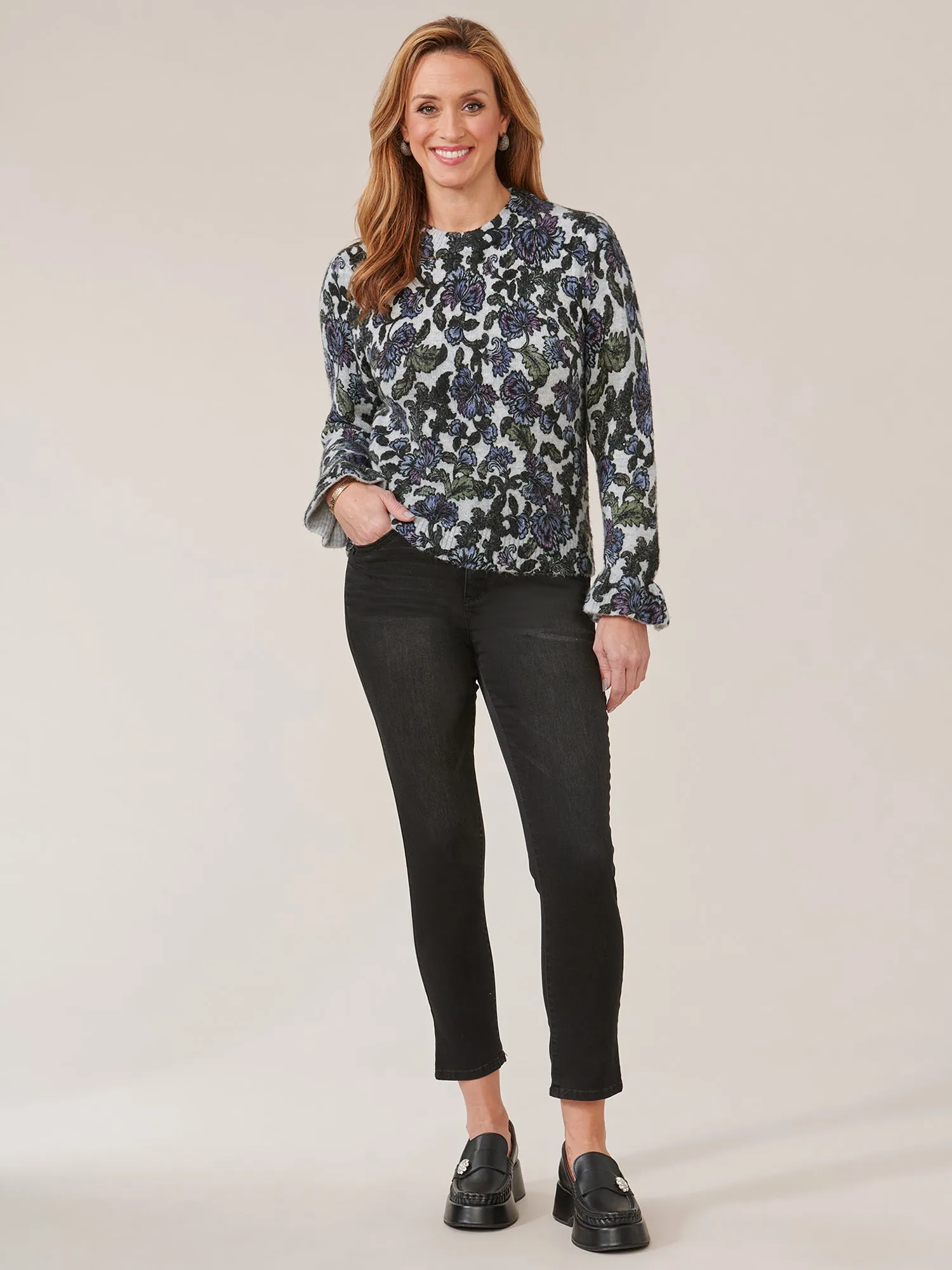 Long Blouson Sleeve Rounded Neck Floral Printed Petite Sweater