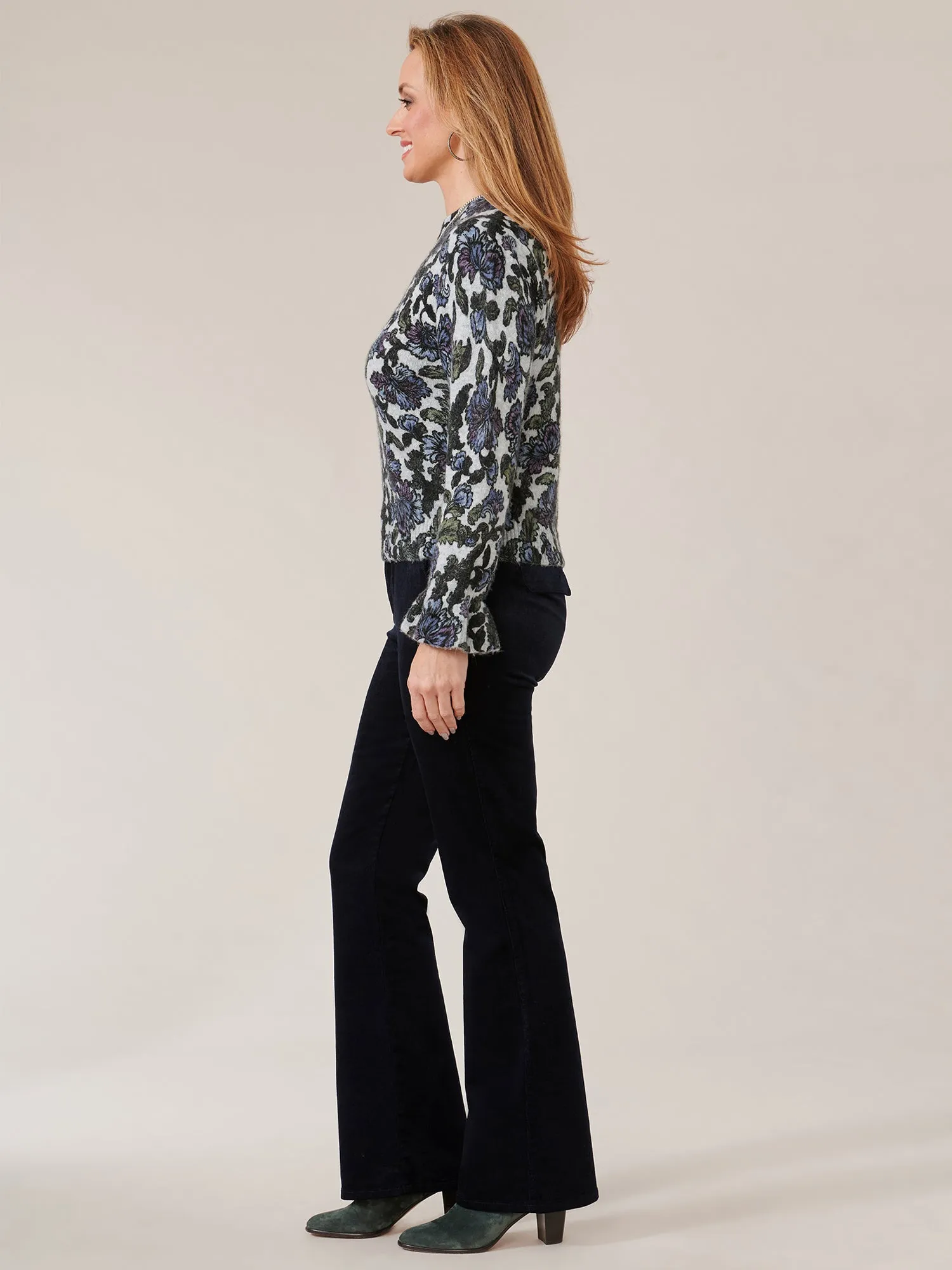 Long Blouson Sleeve Rounded Neck Floral Printed Petite Sweater