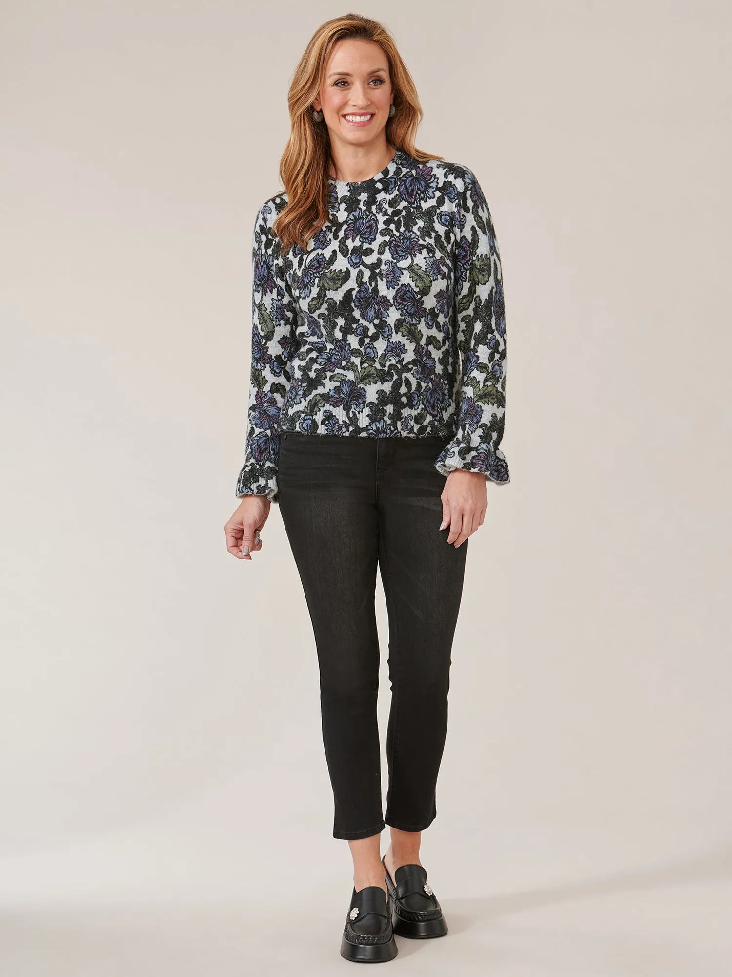 Long Blouson Sleeve Rounded Neck Floral Printed Petite Sweater