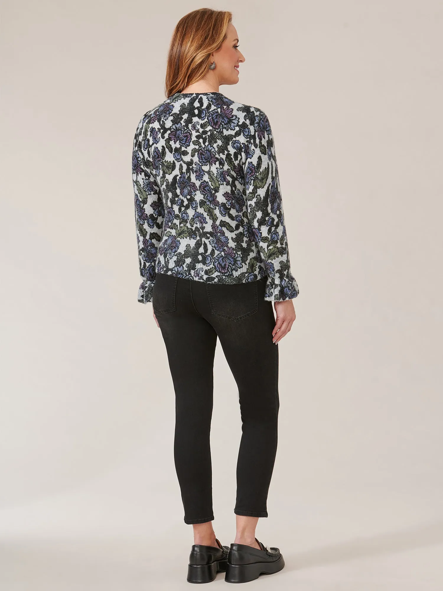 Long Blouson Sleeve Rounded Neck Floral Printed Petite Sweater