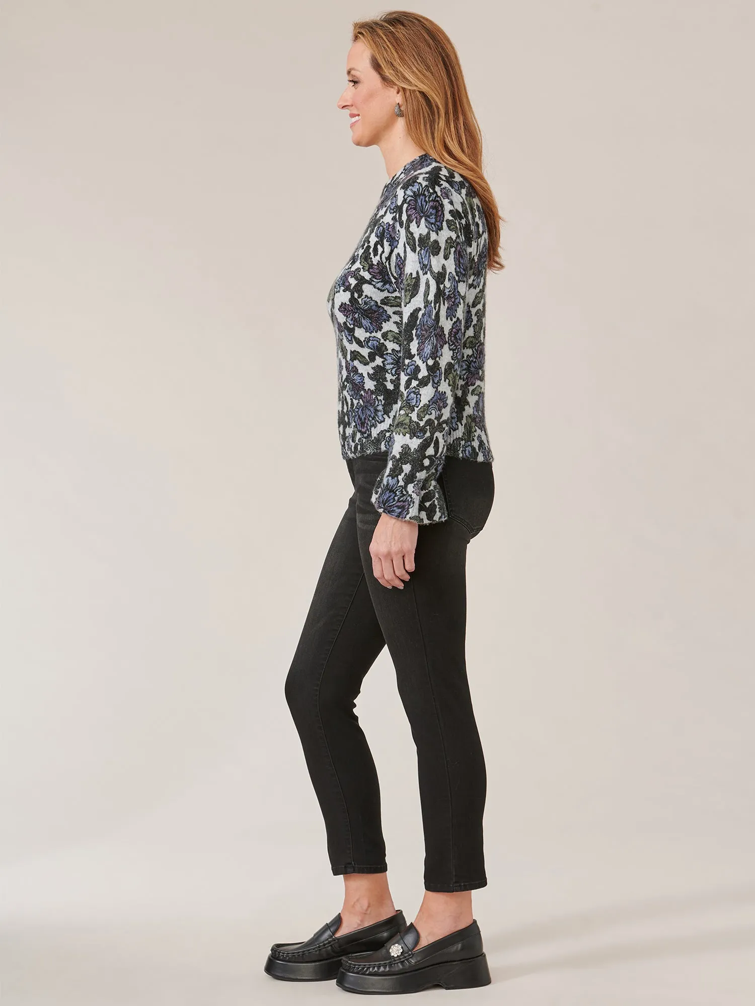 Long Blouson Sleeve Rounded Neck Floral Printed Petite Sweater