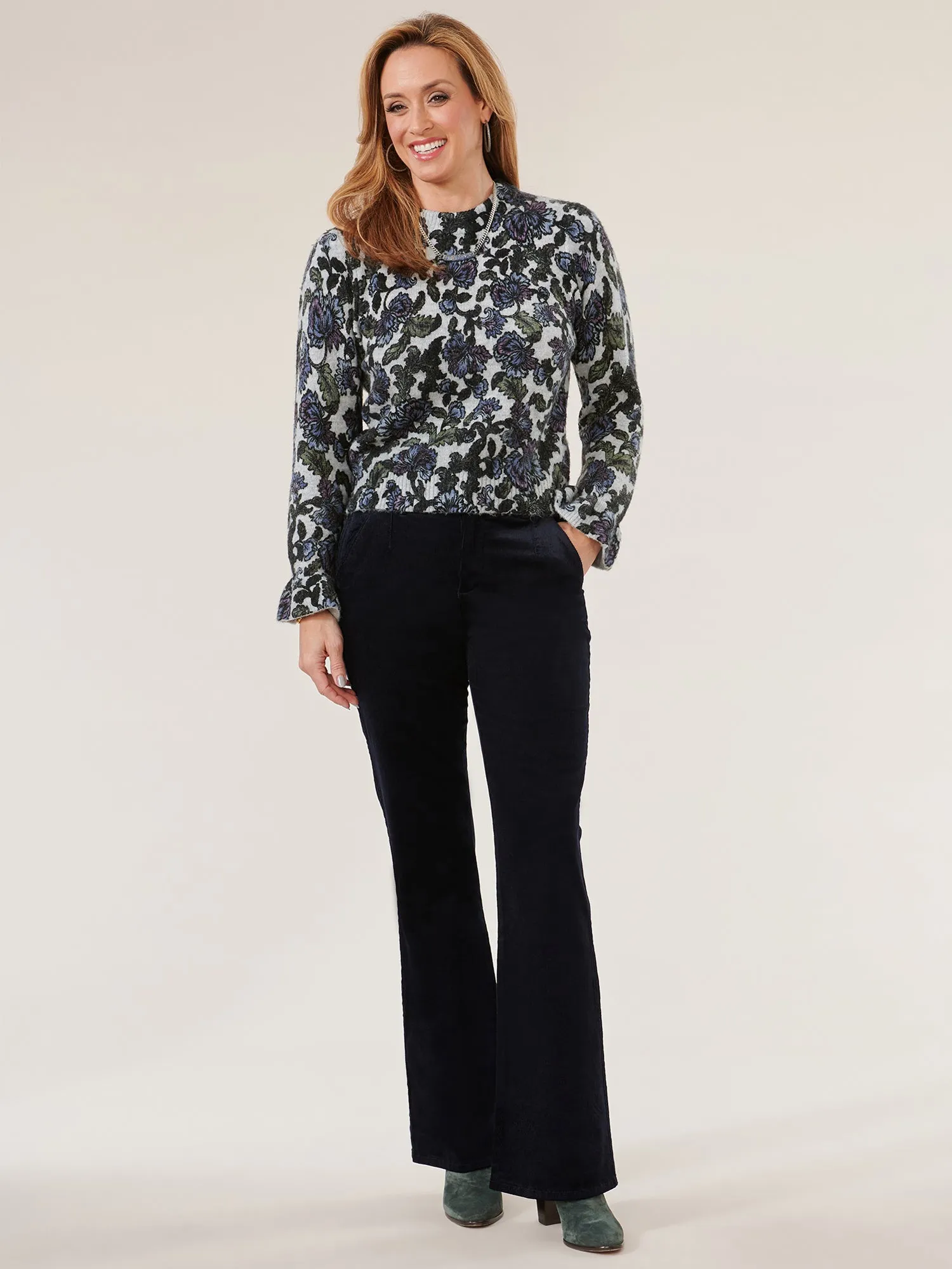 Long Blouson Sleeve Rounded Neck Floral Printed Petite Sweater