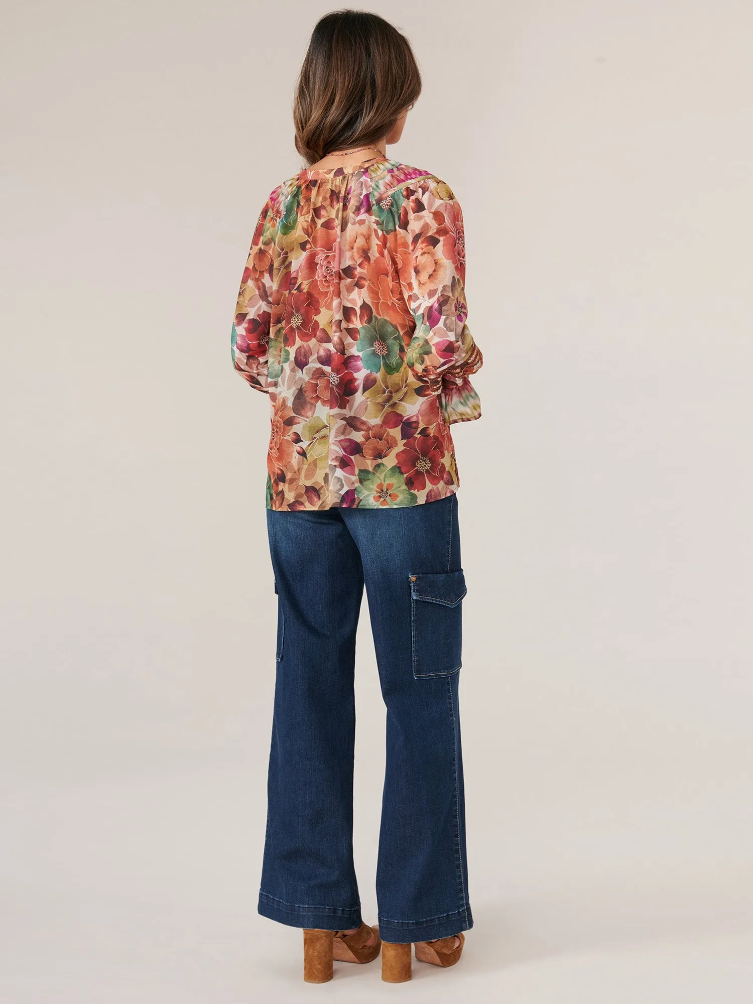 Long Blouson Sleeve Split Scoop Neck Half Placket Printed Woven Top