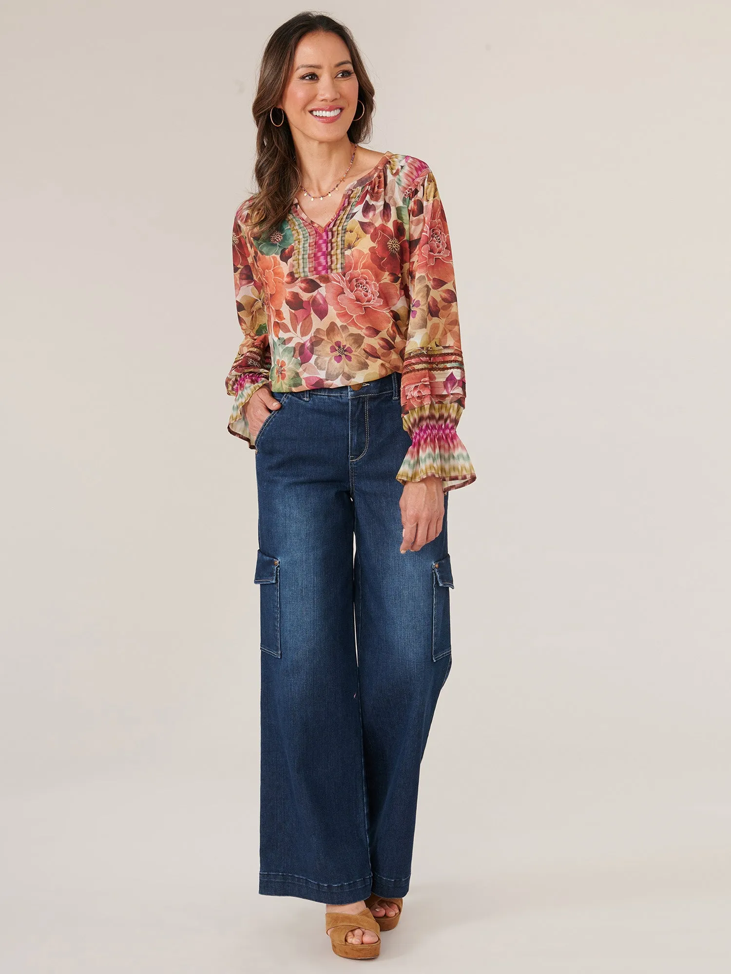 Long Blouson Sleeve Split Scoop Neck Half Placket Printed Woven Top