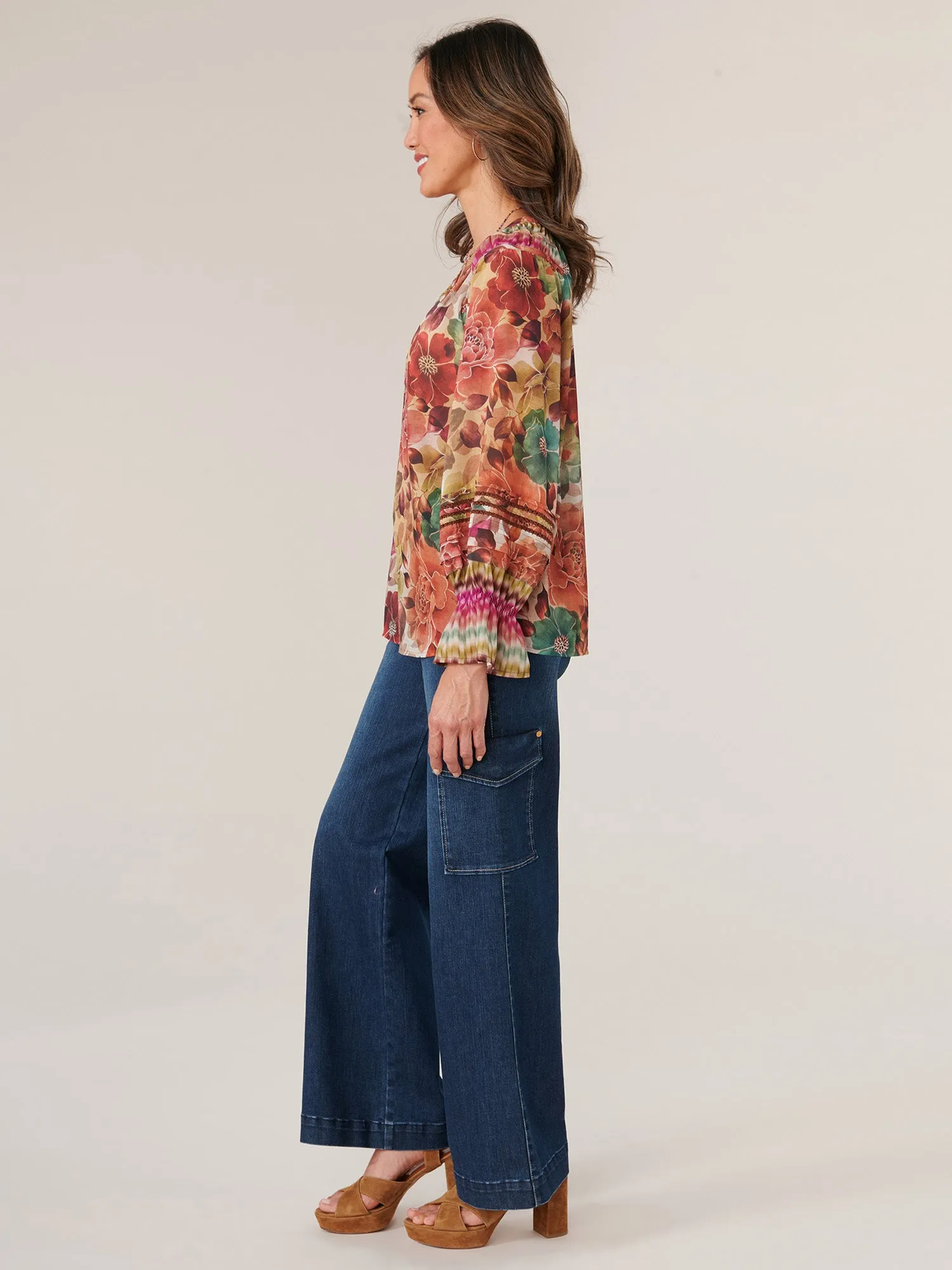 Long Blouson Sleeve Split Scoop Neck Half Placket Printed Woven Top