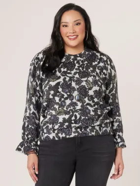 Long Flounce Blouson Sleeve High Neck Printed Plus Size Sweater