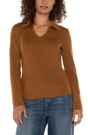 Long Sleeve V-neck Collared Sweater | Tumeric