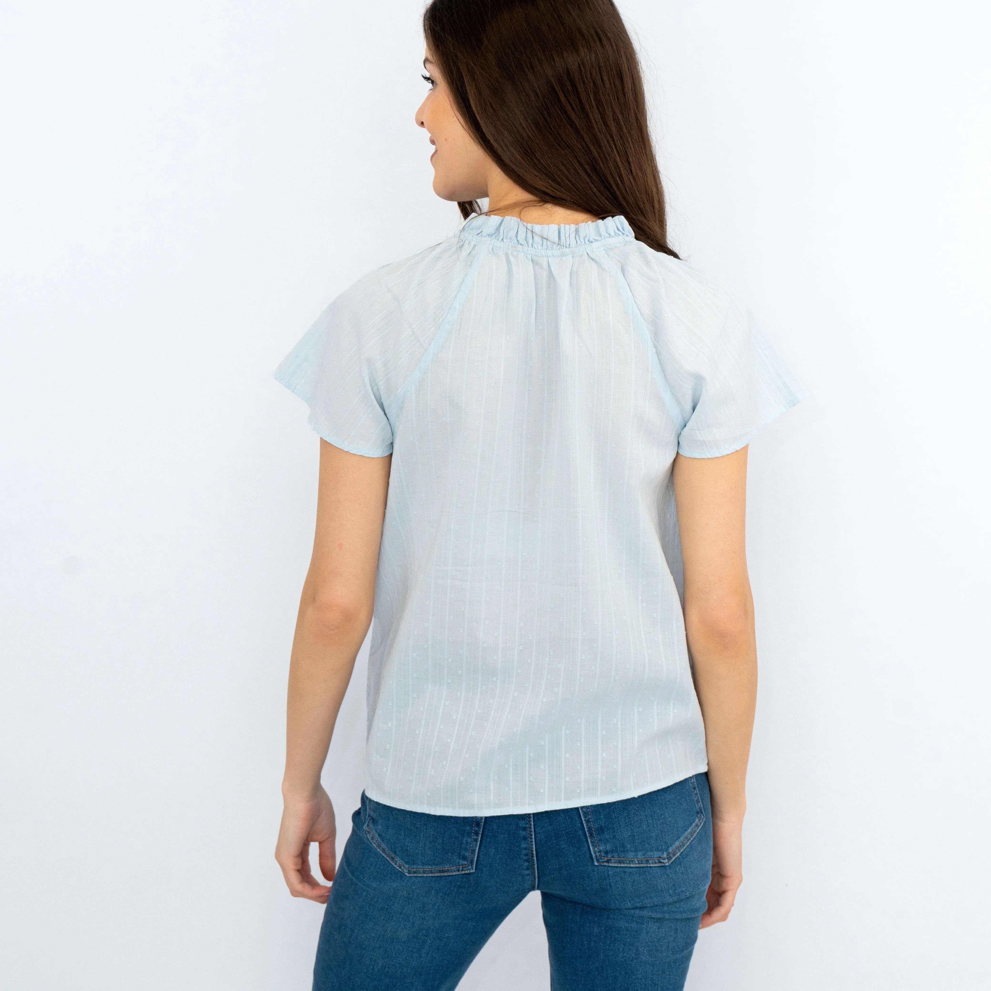 M&S Light Blue Lightweight Textured Blouse Short Sleeve Tie Neck Tops