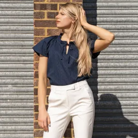 M&S Navy Blue Lightweight Textured Blouse Short Sleeve Tie Neck Tops