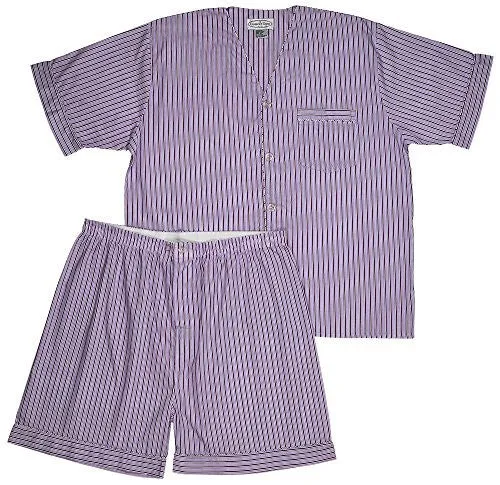 MEN'S WOVEN PAJAMA V-NECK SLEEPWEAR SHORT SLEEVE SHORTS AND TOP SET, SIZES S/4XL -RED STRIPED - 2X-LARGE