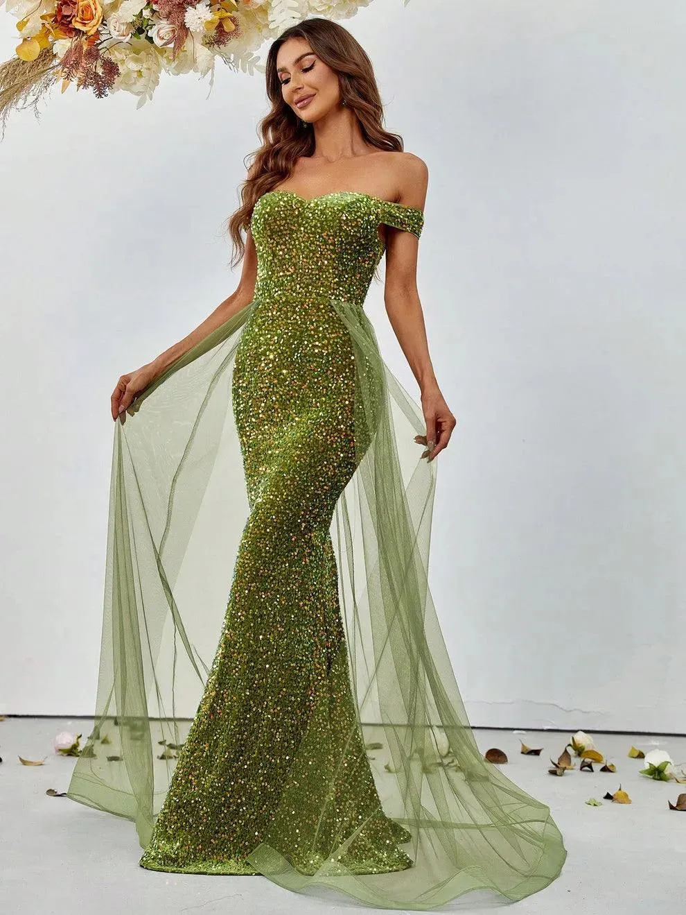 Off Shoulder Sequin Mermaid Dresses Mesh Layer On Waist