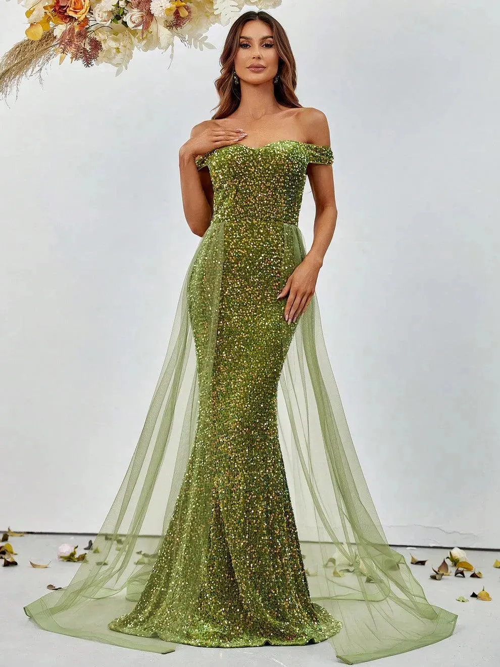 Off Shoulder Sequin Mermaid Dresses Mesh Layer On Waist