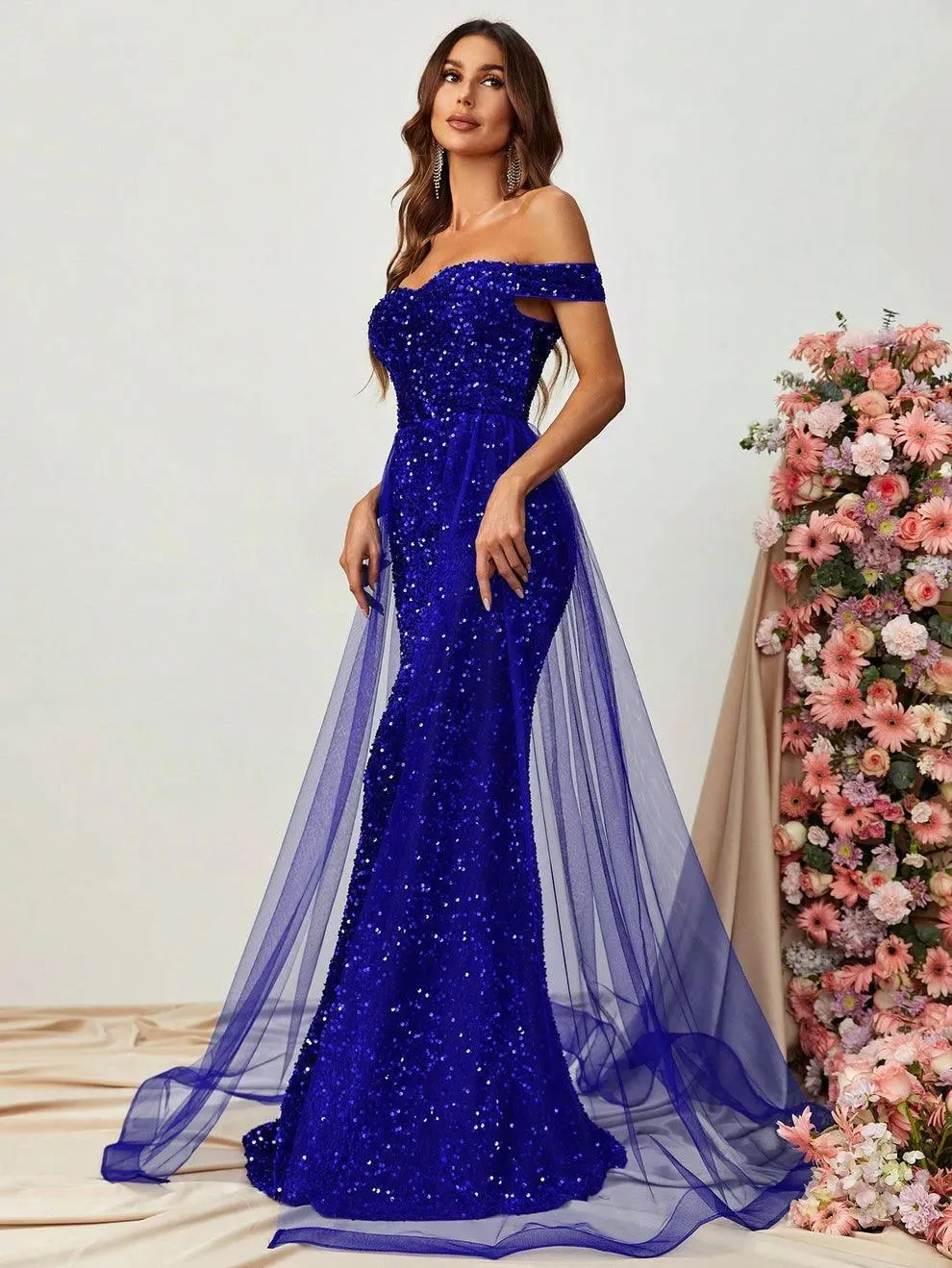 Off Shoulder Sequin Mermaid Dresses Mesh Layer On Waist