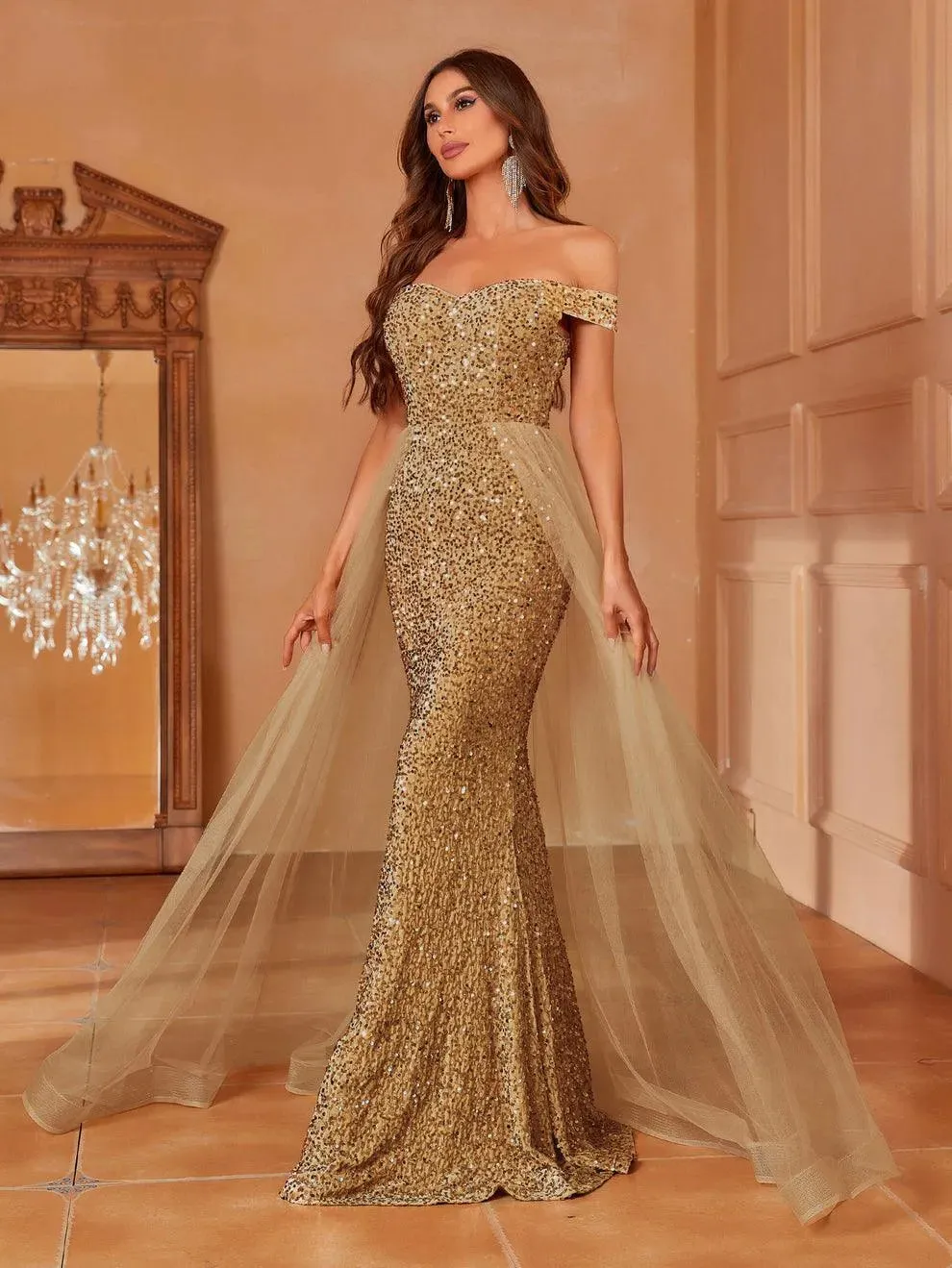 Off Shoulder Sequin Mermaid Dresses Mesh Layer On Waist