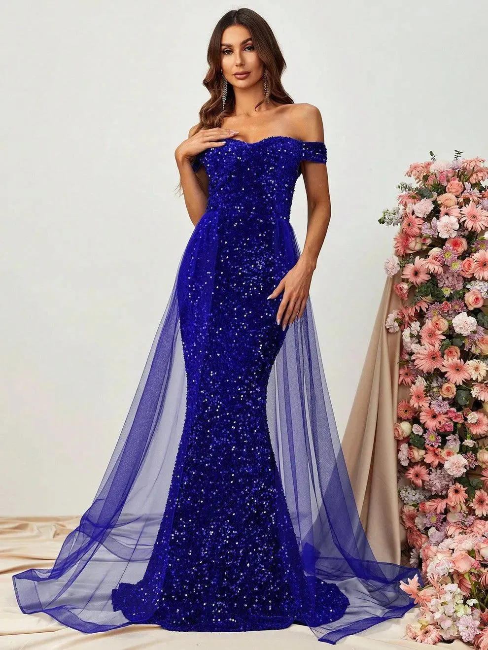 Off Shoulder Sequin Mermaid Dresses Mesh Layer On Waist