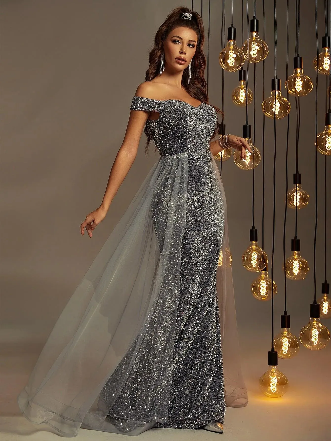 Off Shoulder Sequin Mermaid Dresses Mesh Layer On Waist