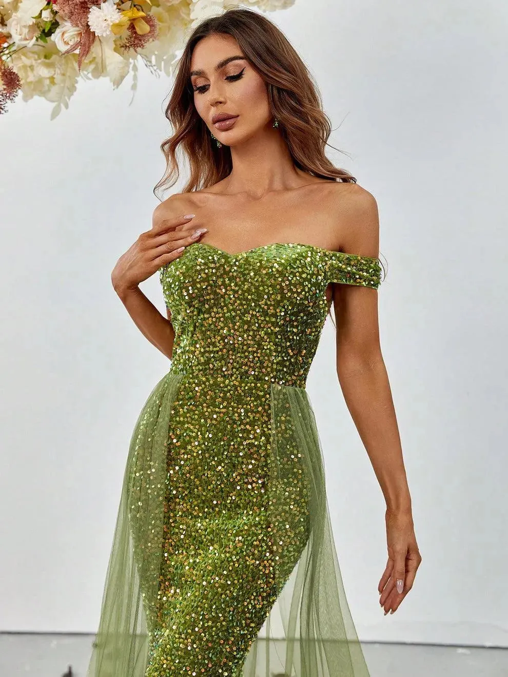 Off Shoulder Sequin Mermaid Dresses Mesh Layer On Waist