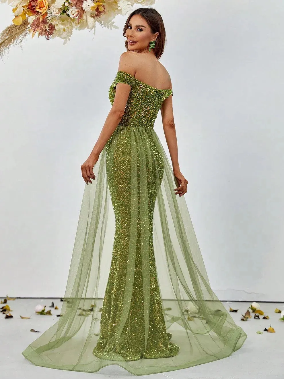 Off Shoulder Sequin Mermaid Dresses Mesh Layer On Waist