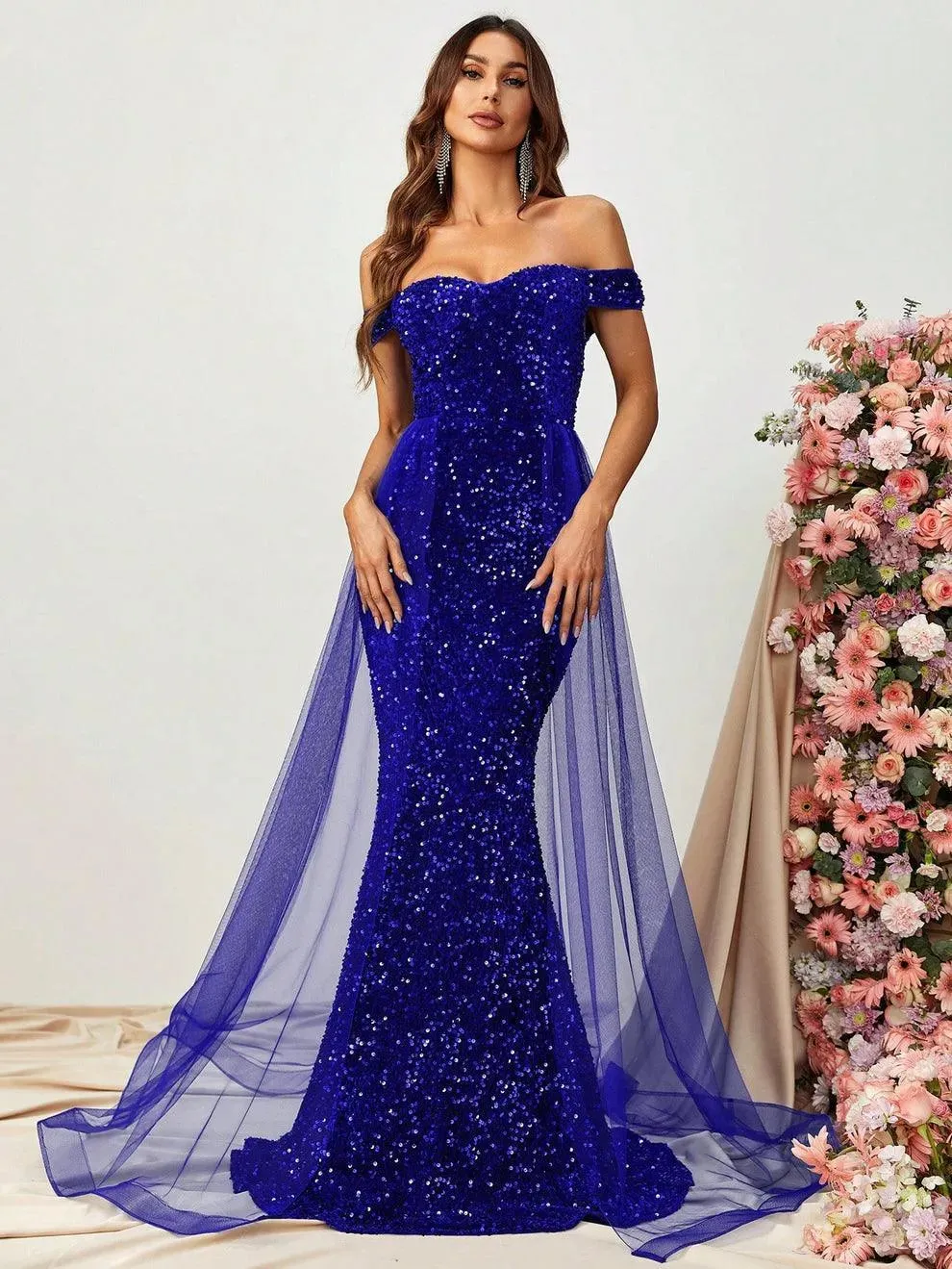 Off Shoulder Sequin Mermaid Dresses Mesh Layer On Waist