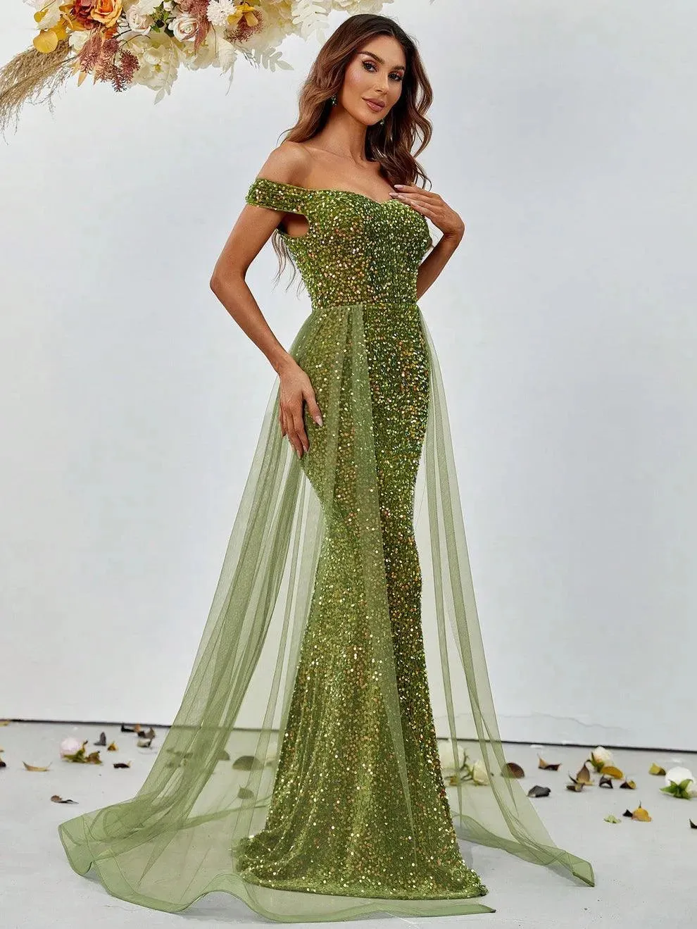 Off Shoulder Sequin Mermaid Dresses Mesh Layer On Waist