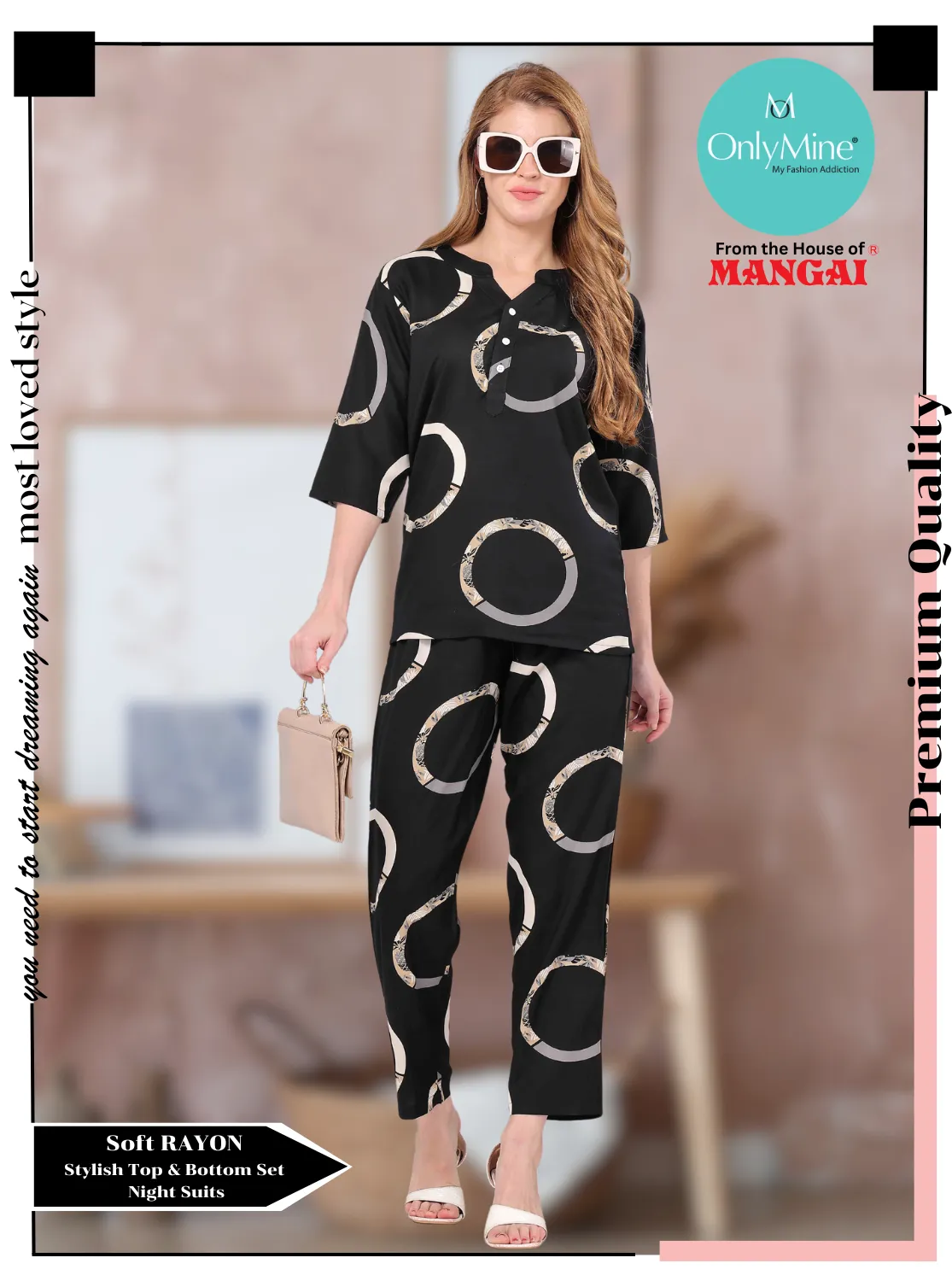 ONLY MINE Premium RAYON Printed Stylish V-Cut Neck Model Night Suits | Stylish Print's All Over | Top & Bottom Set | 3/4 Sleeve| U-Cut Neck | Trendy Night Suits for Stylish Women's (SNS)