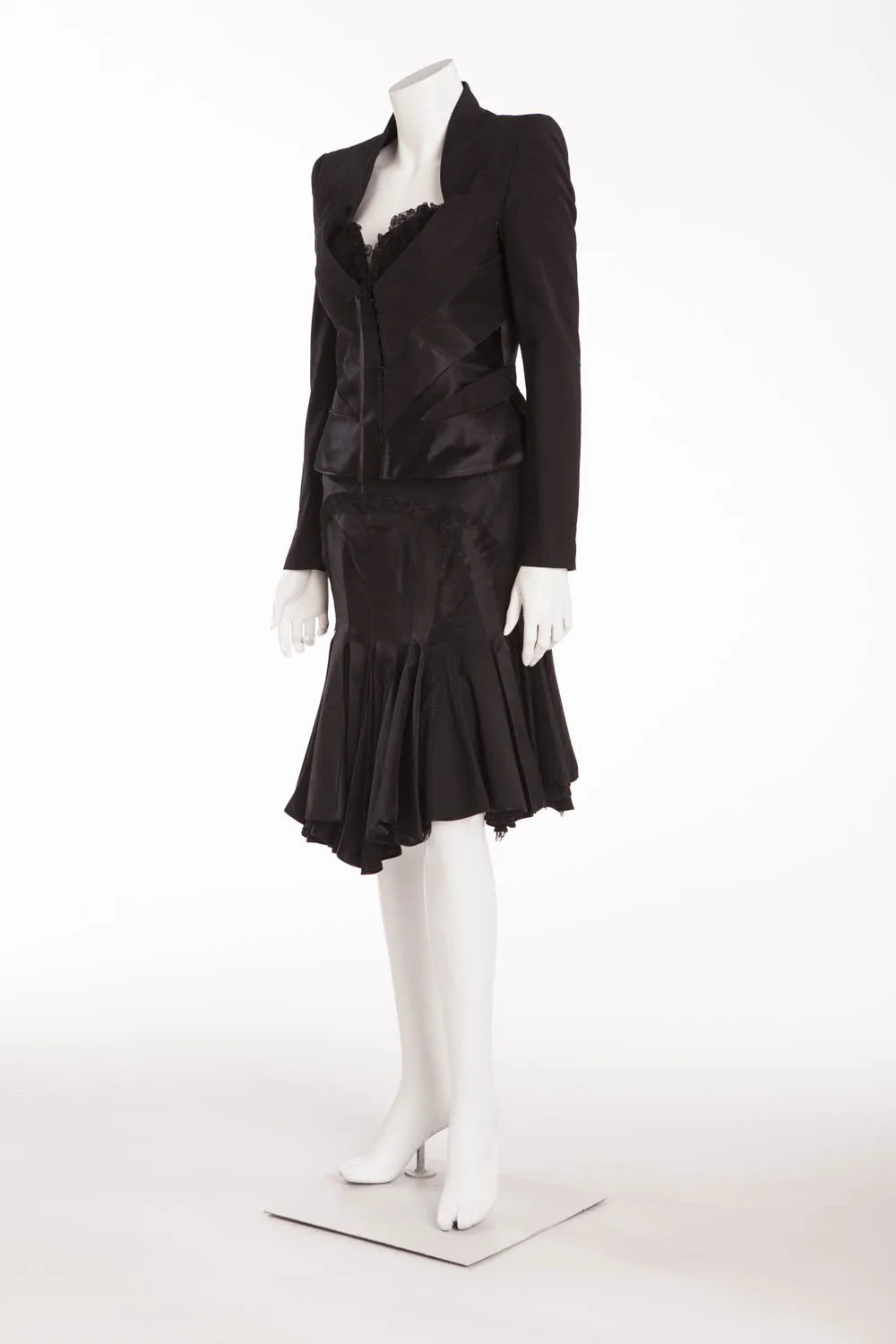 Original Alexander McQueen - 3PC Black Blazer, Black Asymmetrical Skirt, Black Pencil Skirt - IT 40/42