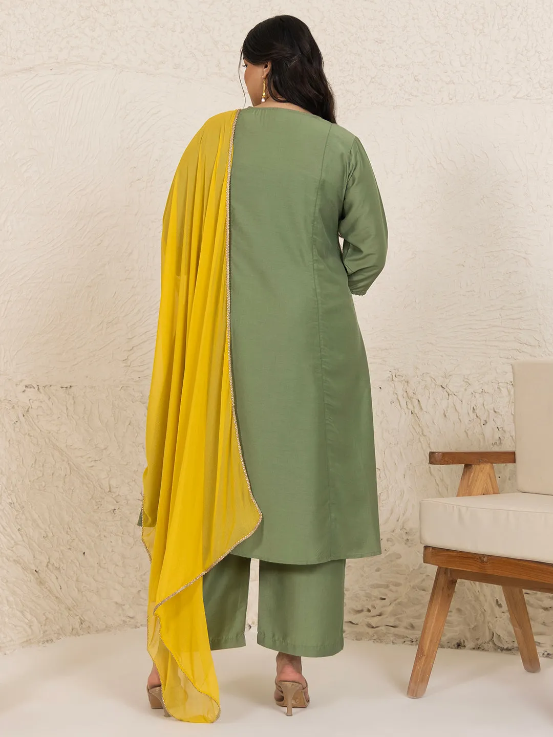 Plus Size Olive Chinnon Yoke Embroidery Panelled Kurta Set