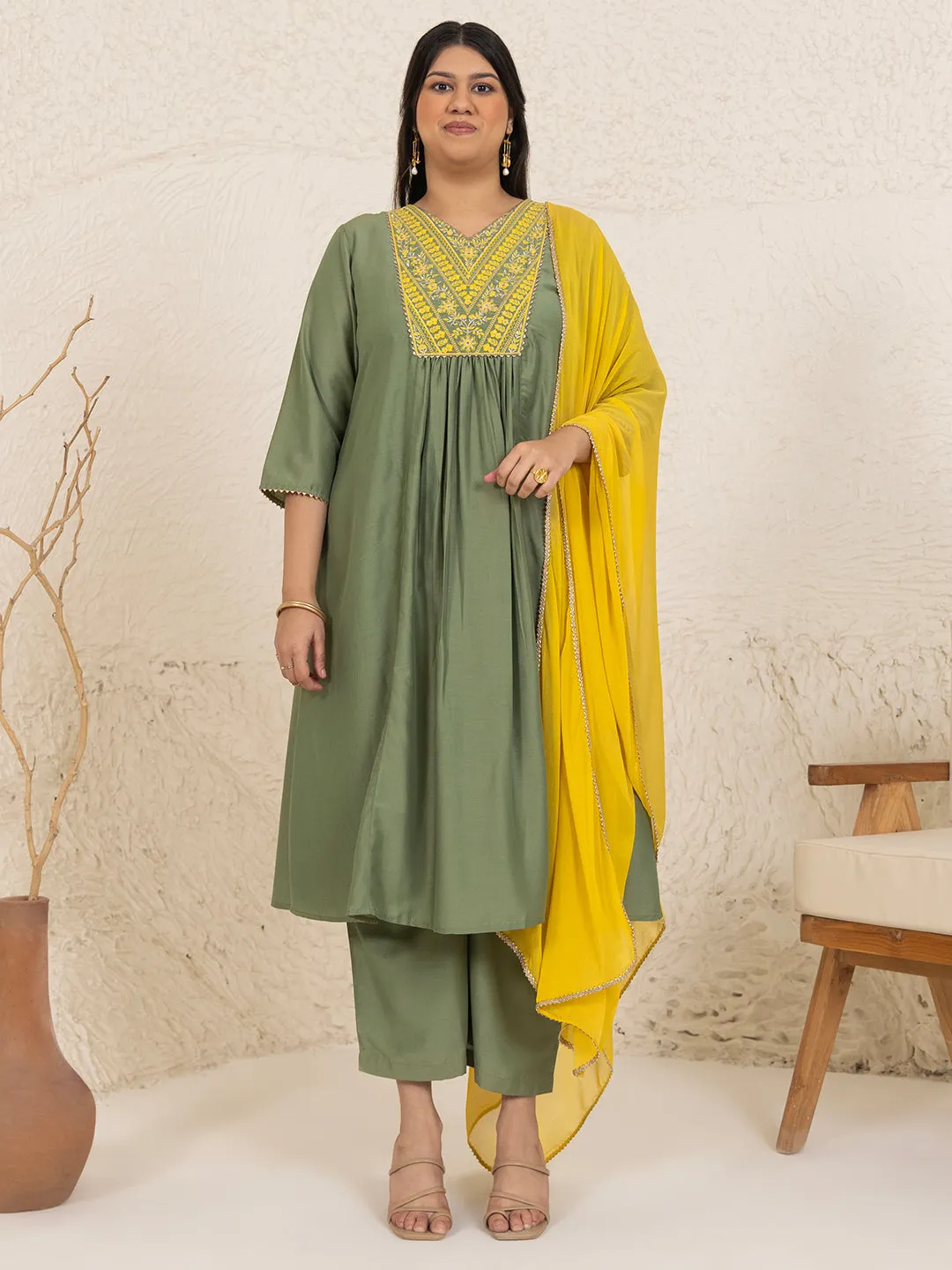 Plus Size Olive Chinnon Yoke Embroidery Panelled Kurta Set