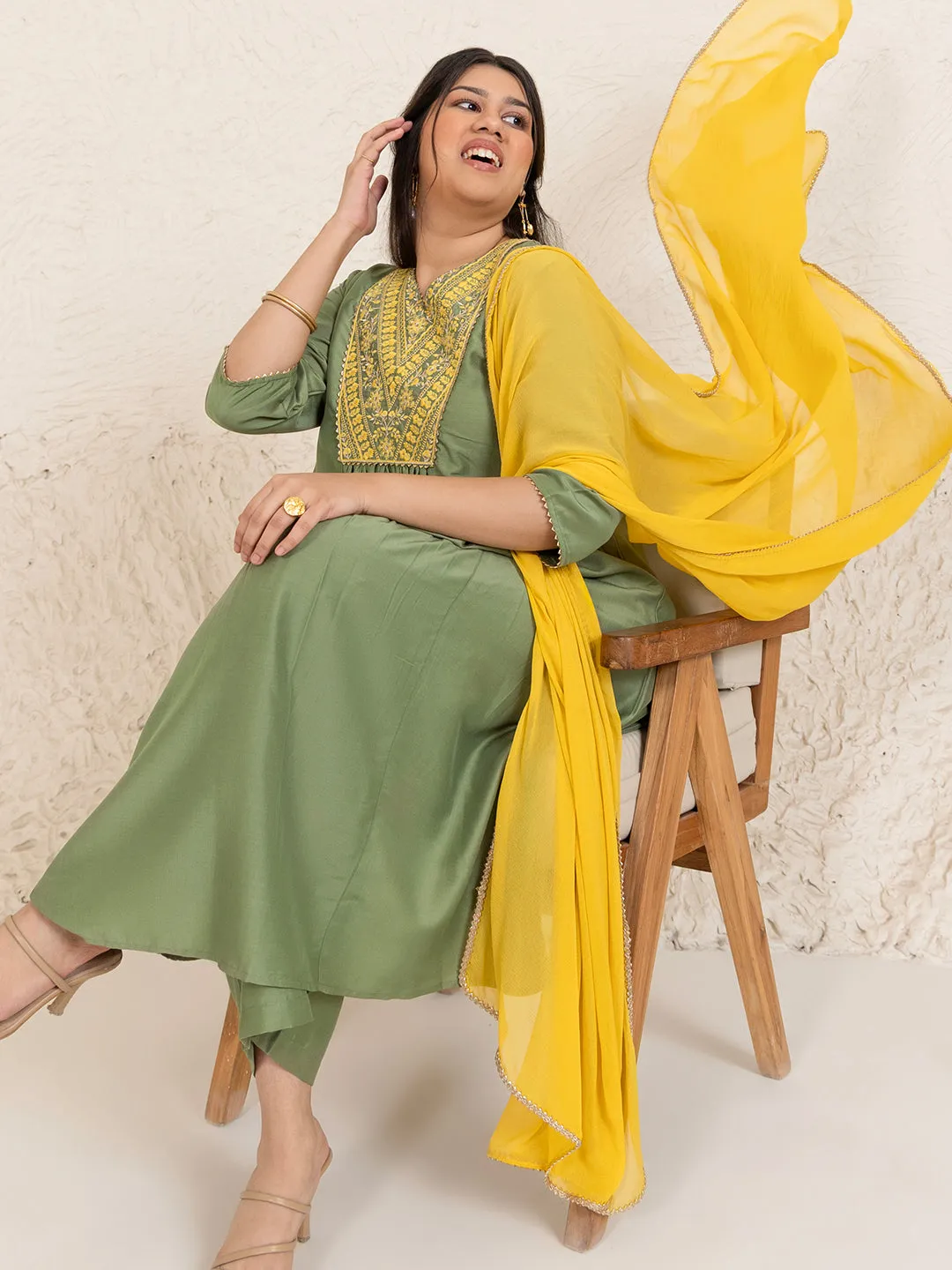 Plus Size Olive Chinnon Yoke Embroidery Panelled Kurta Set