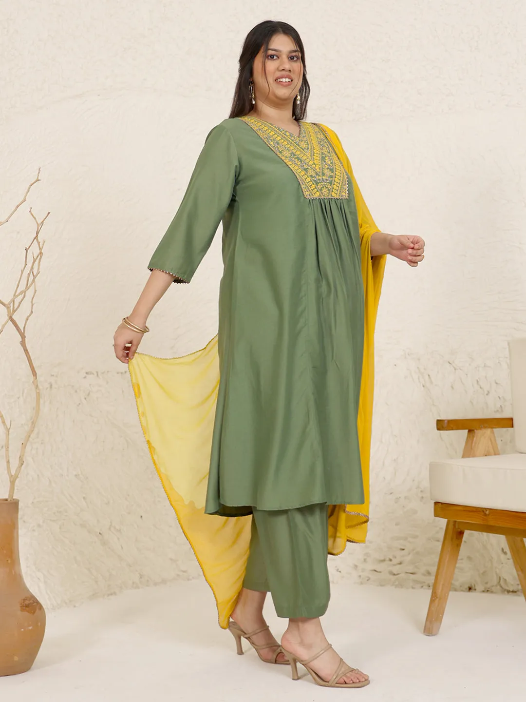 Plus Size Olive Chinnon Yoke Embroidery Panelled Kurta Set