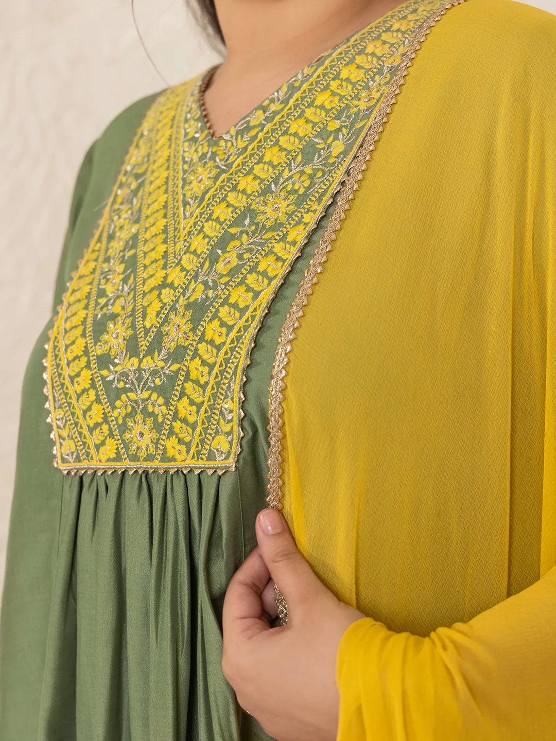 Plus Size Olive Chinnon Yoke Embroidery Panelled Kurta Set