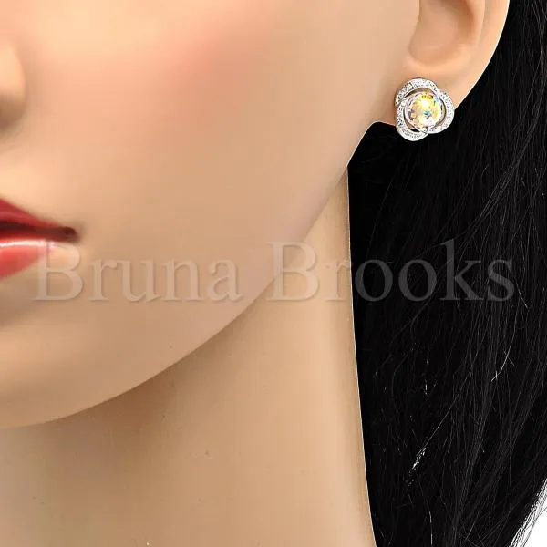 Rhodium Plated 02.239.0017 Stud Earring, Love Knot and Disco Design, with Aurore Boreale Swarovski Crystals and White Micro Pave, Polished Finish, Rhodium Tone