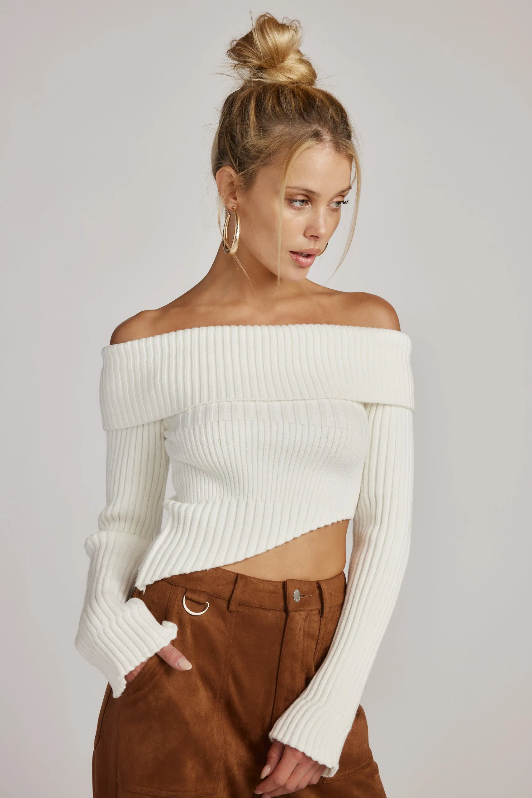 Ria White Off the Shoulder Asymmetrical Sweater