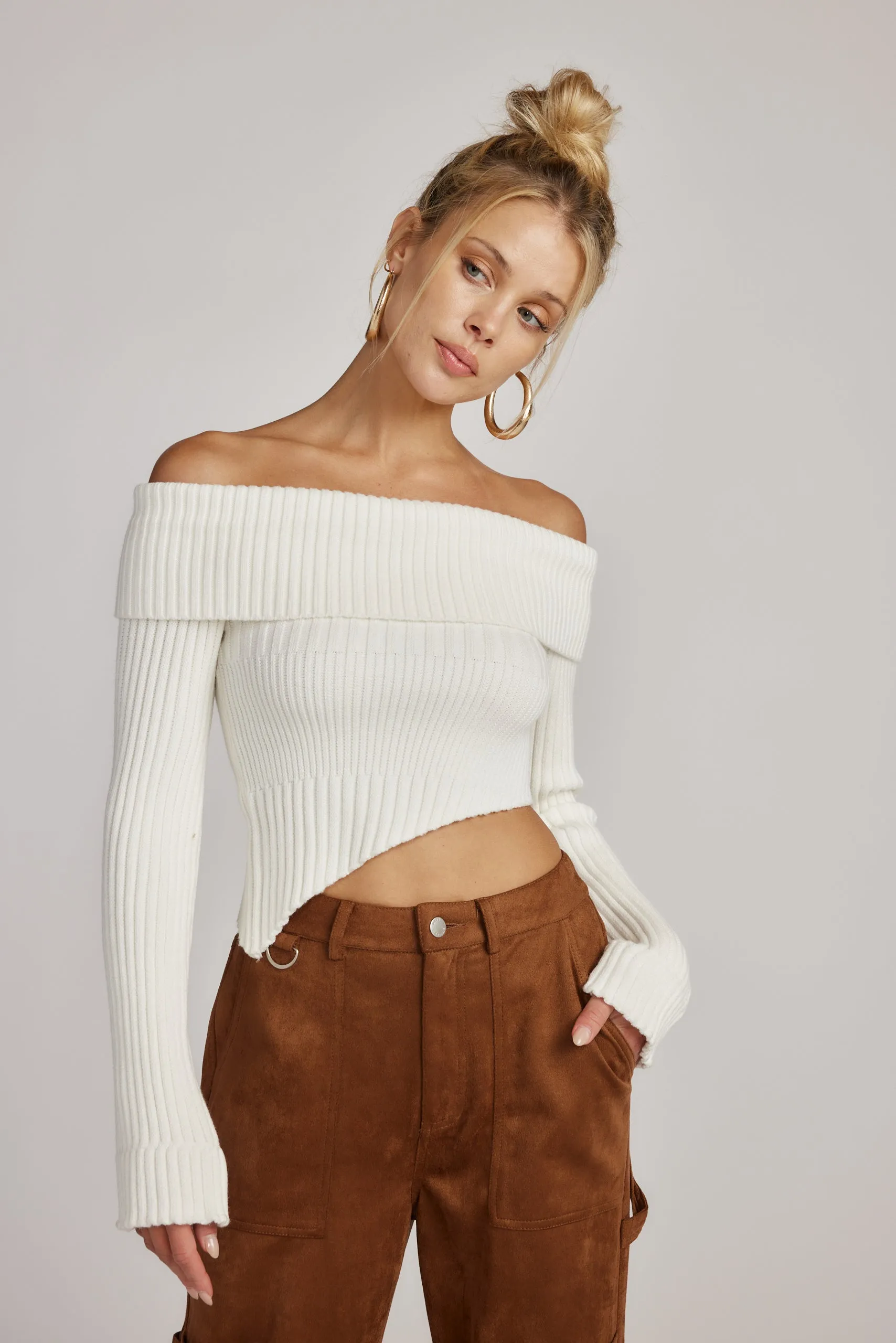 Ria White Off the Shoulder Asymmetrical Sweater