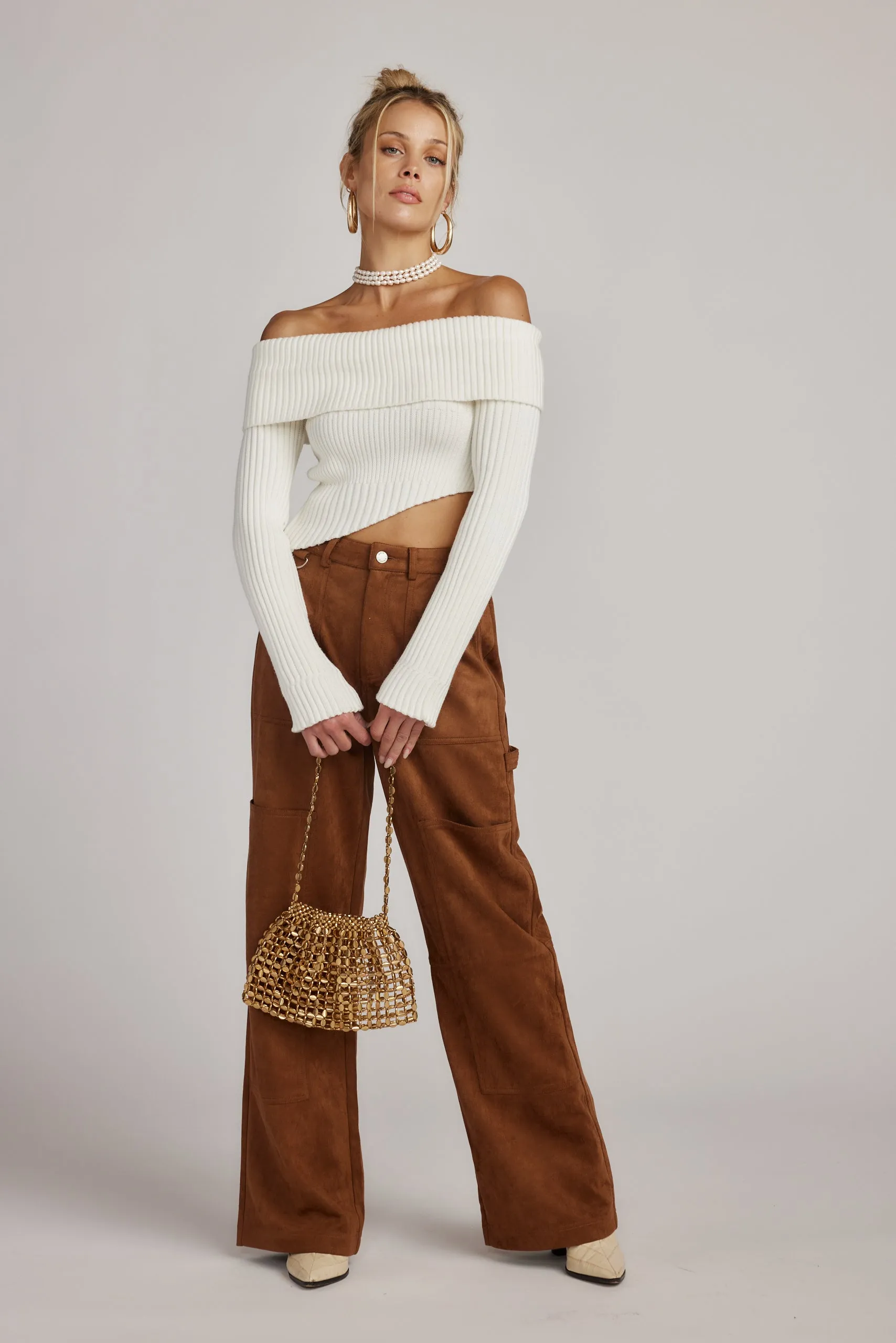 Ria White Off the Shoulder Asymmetrical Sweater