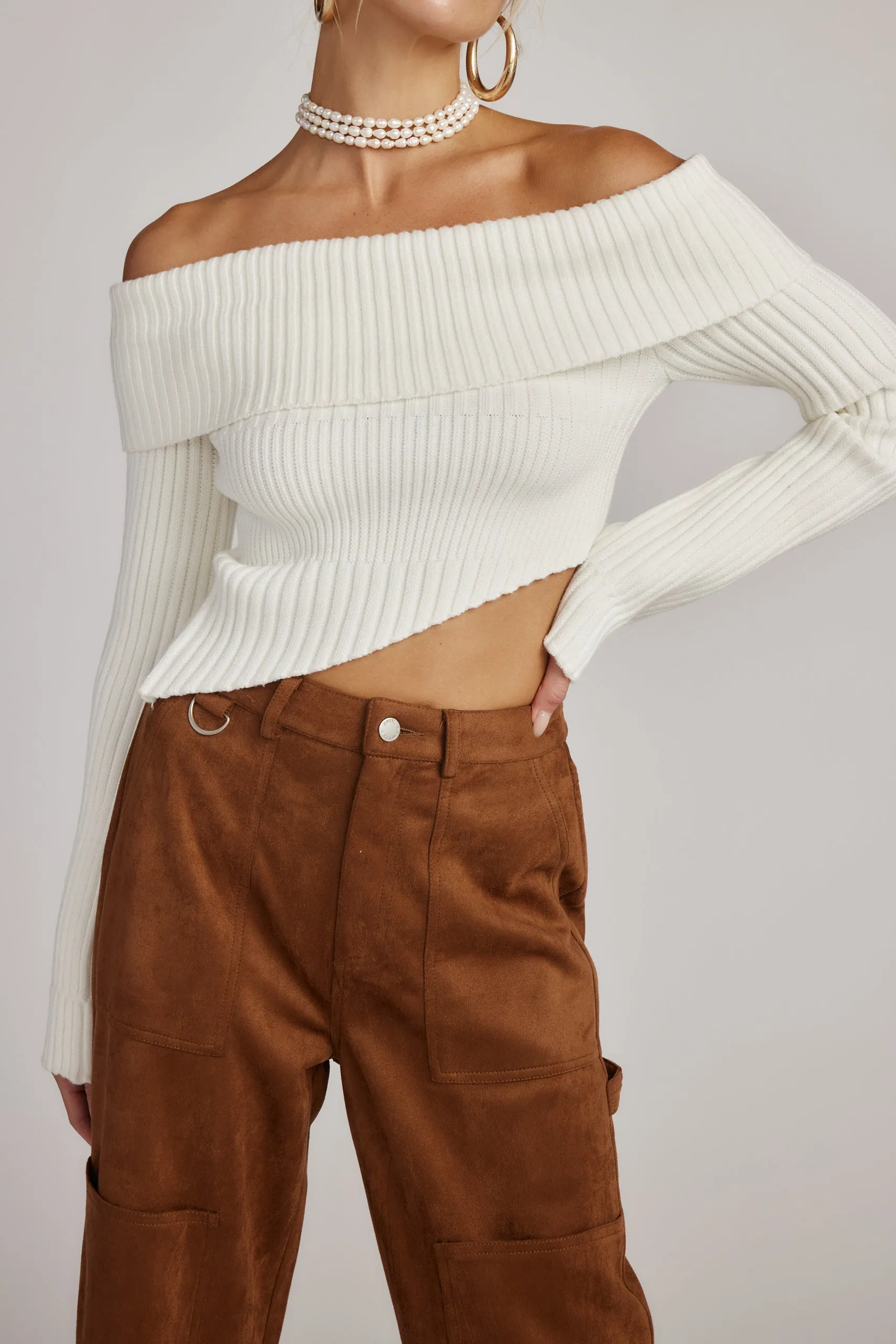 Ria White Off the Shoulder Asymmetrical Sweater