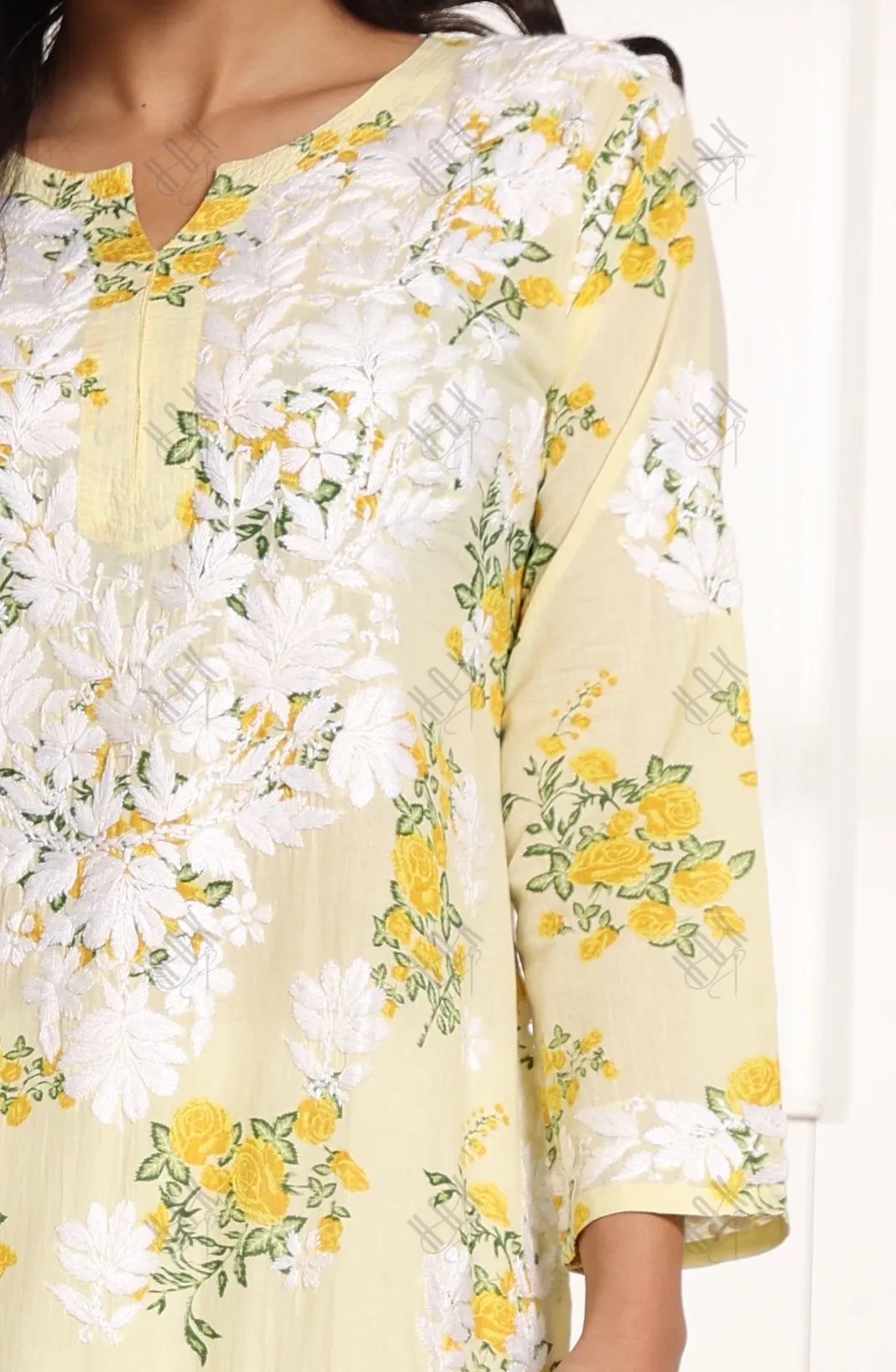 Saba Chikankari Kurta in Mul cotton in Lemon Yellow print