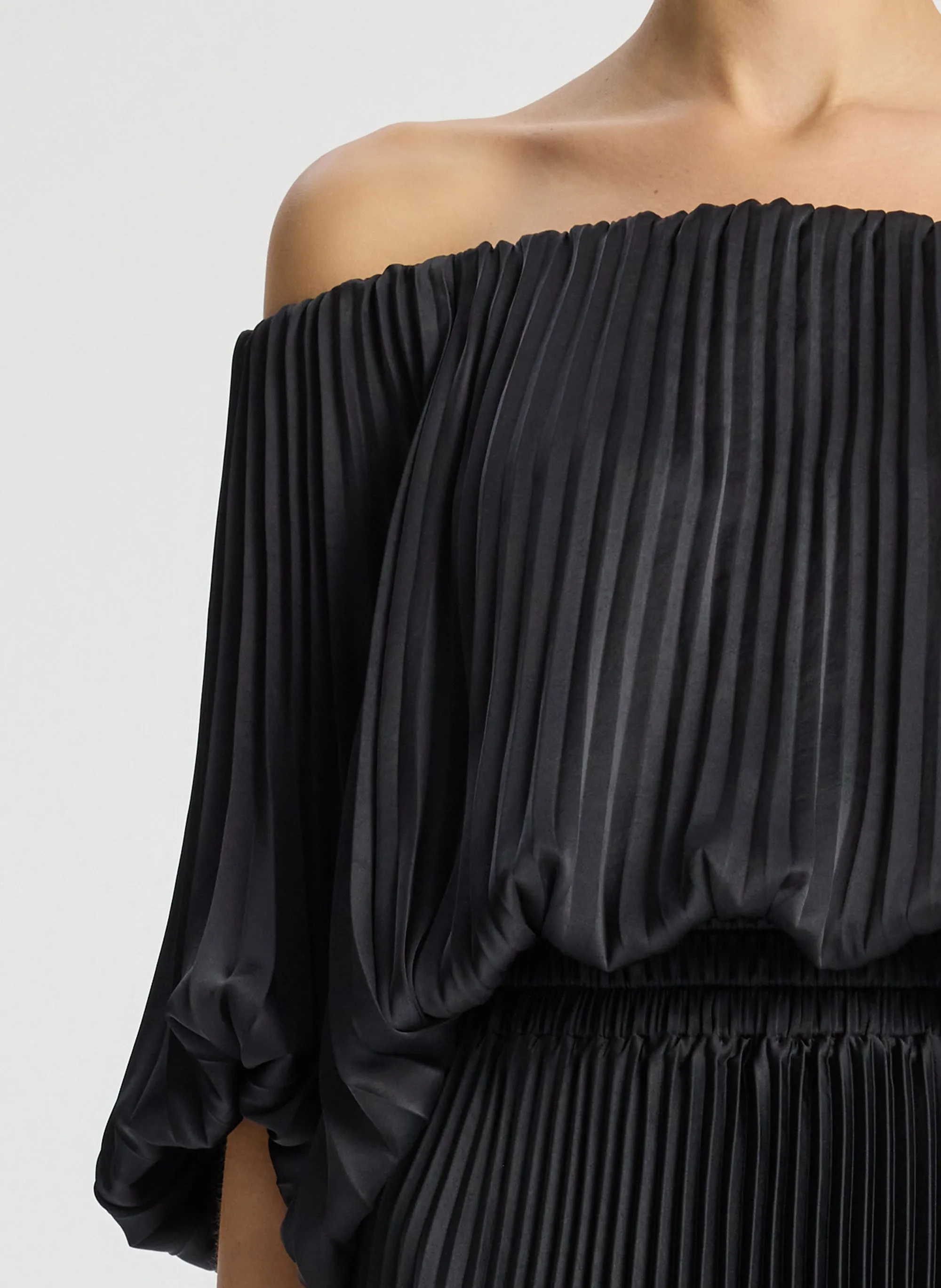 Sienna Satin Pleated Off Shoulder Dress