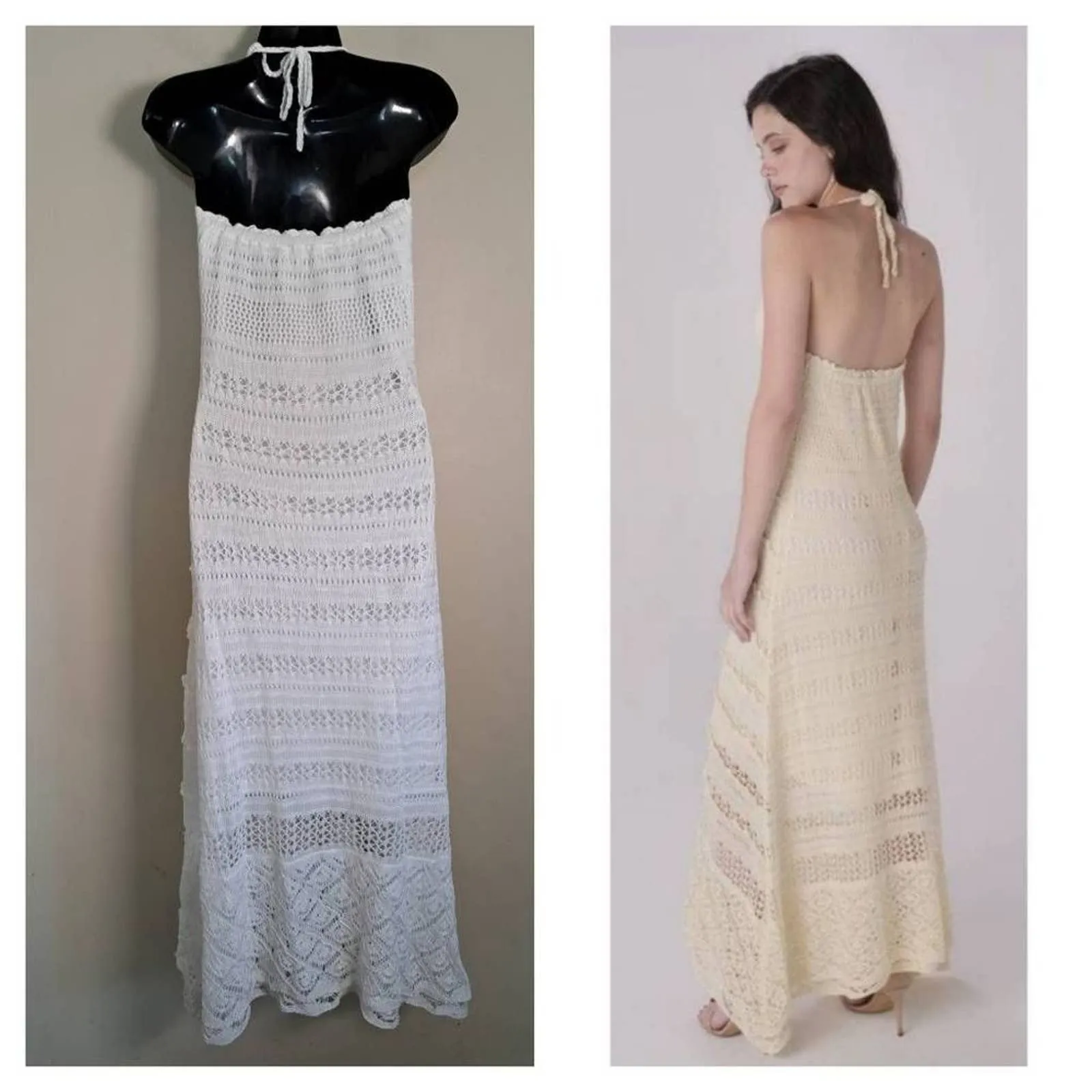 Solitaire Swim Women's Beige Crochet Knit Halter Maxi Cover Up Dress Size Medium