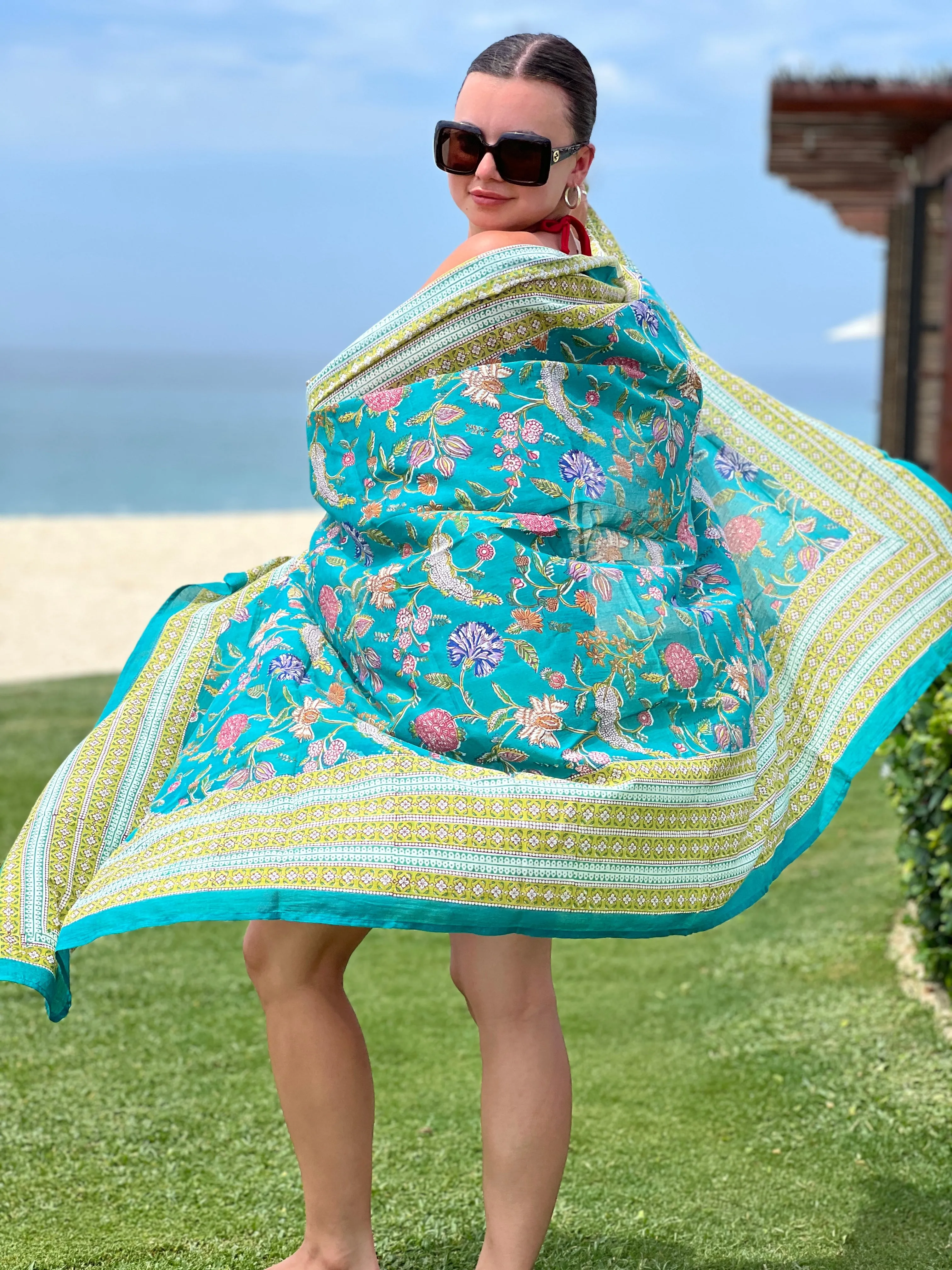 Teal Beauty Floral Cotton Pareo Cover-up