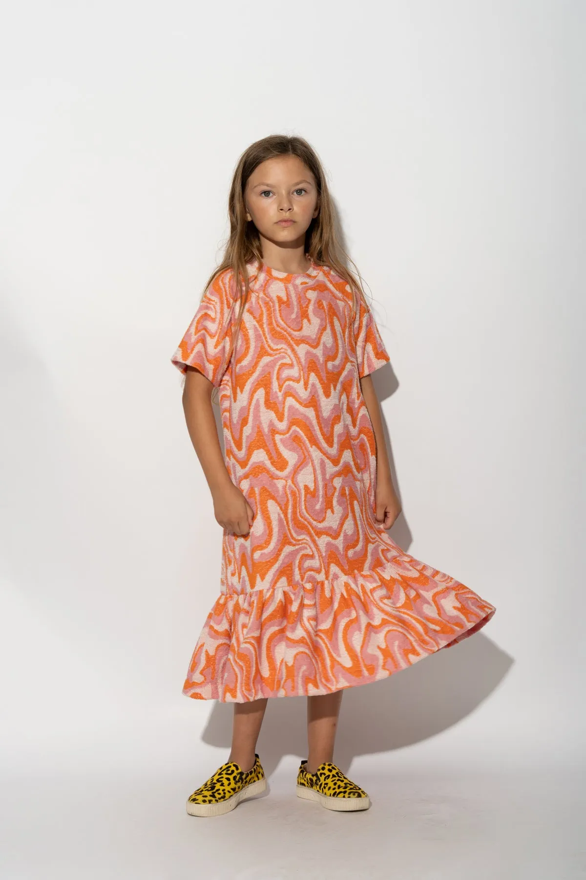 TERRY WAVY PRINT GATHERED DRESS