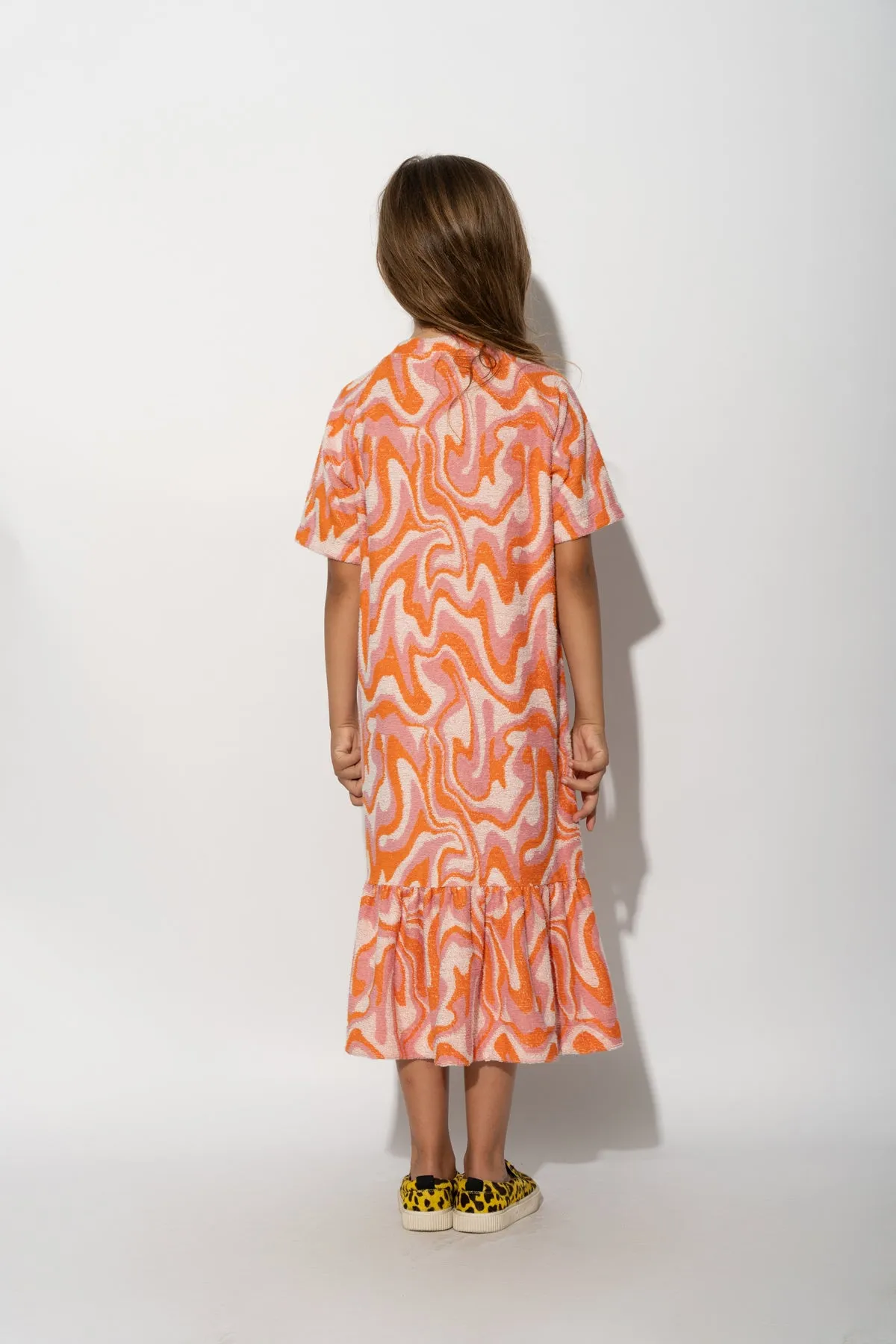 TERRY WAVY PRINT GATHERED DRESS