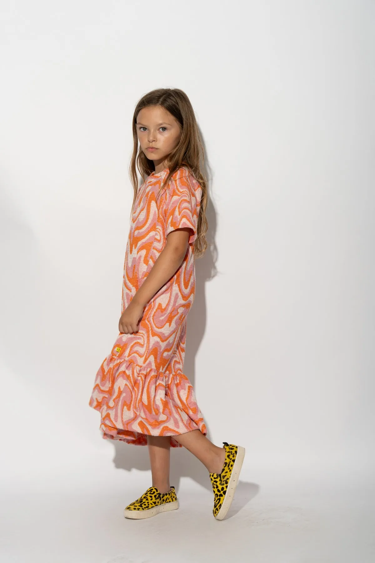 TERRY WAVY PRINT GATHERED DRESS