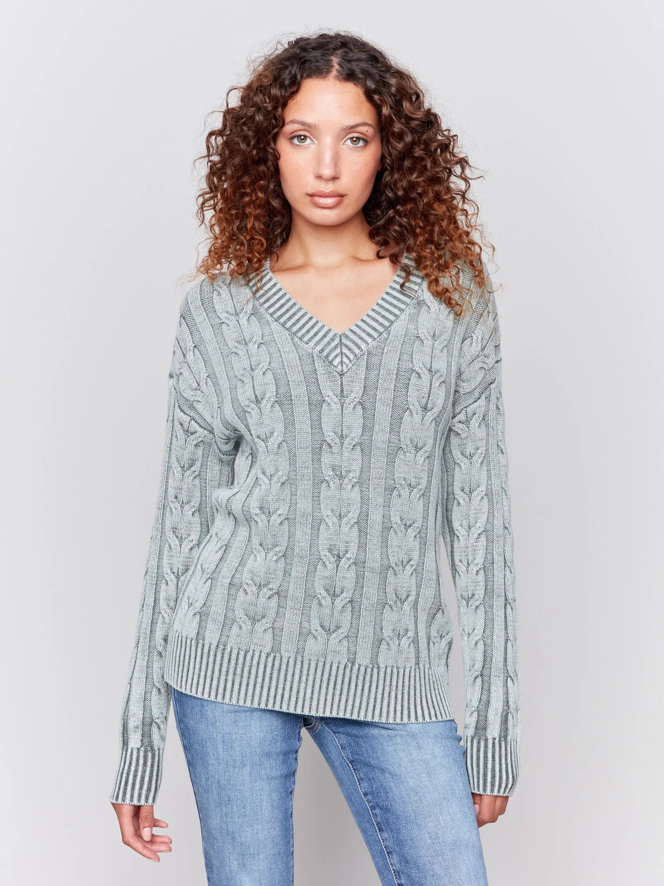 V-Neck Cable Knit Sweater - Spruce