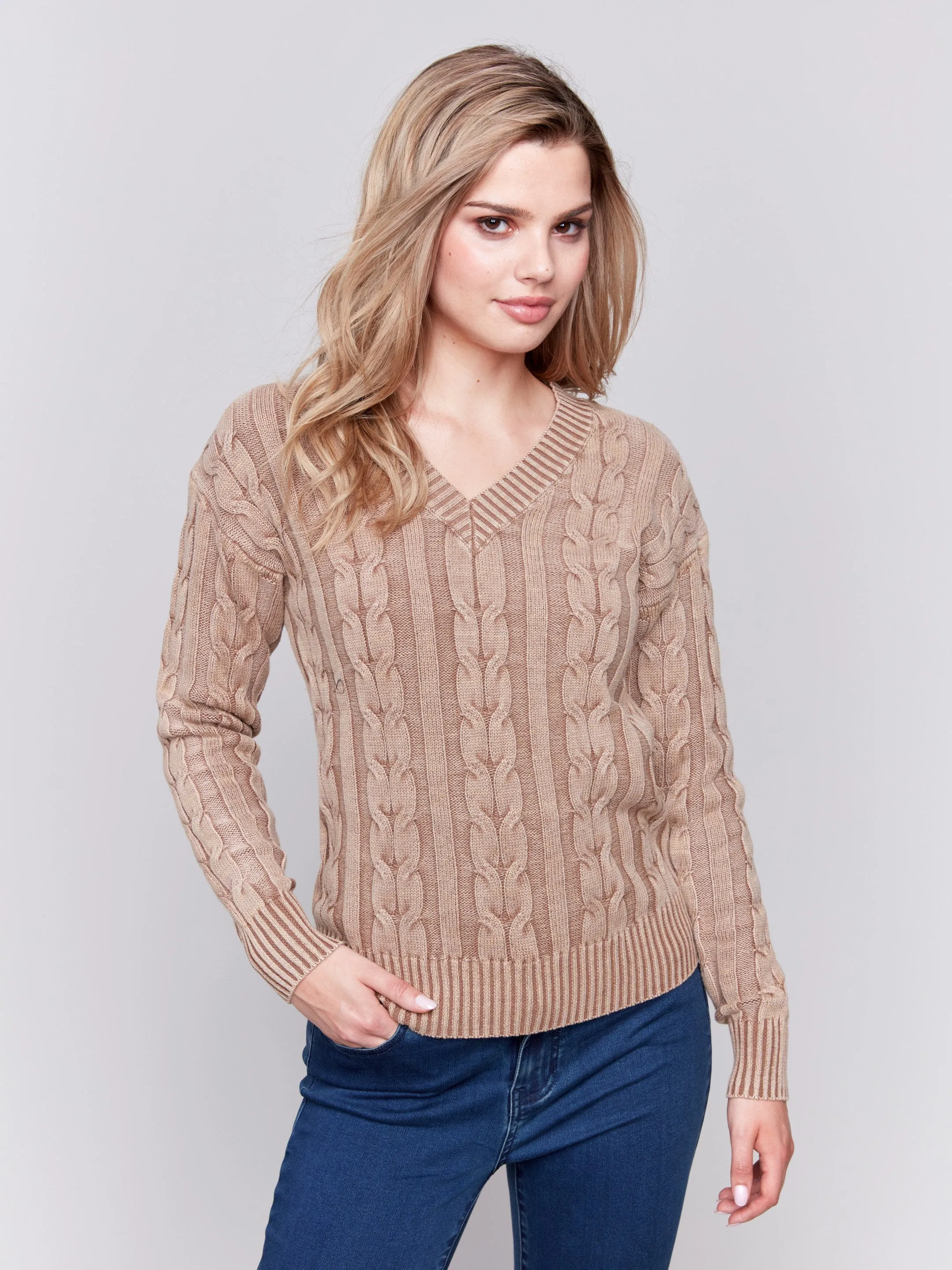 V-Neck Cable Knit Sweater - Truffle